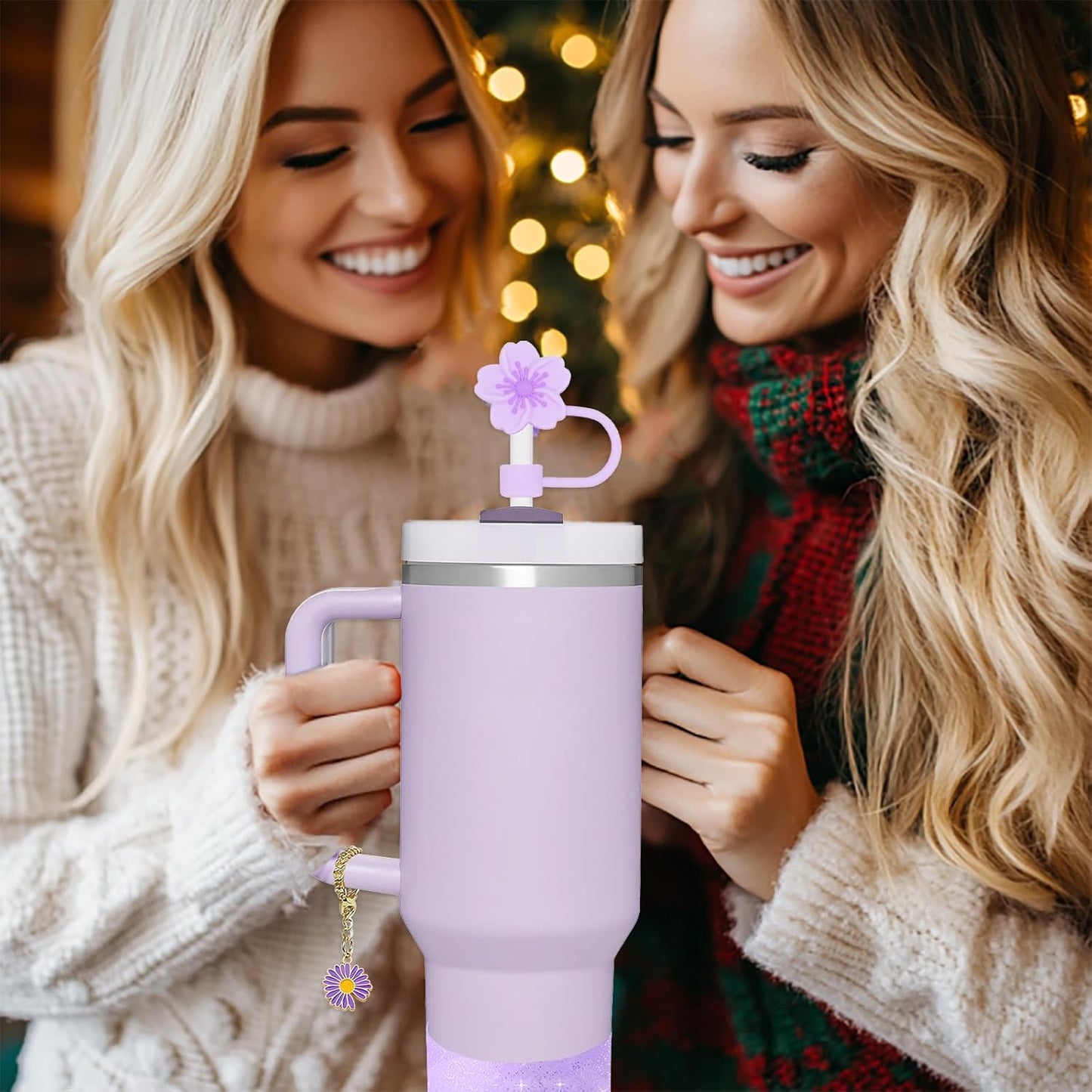 Stanley Cup Accessories Set,Including 2 Pcs 0.4in Straw Cover, 1 Silicone Spill-Proof Stopper Set of 3, 1 Cute Purple Flower Handle Charm, 1 Silicone Boot Fits Stanley 40&30 Oz Tumbler (Purple)