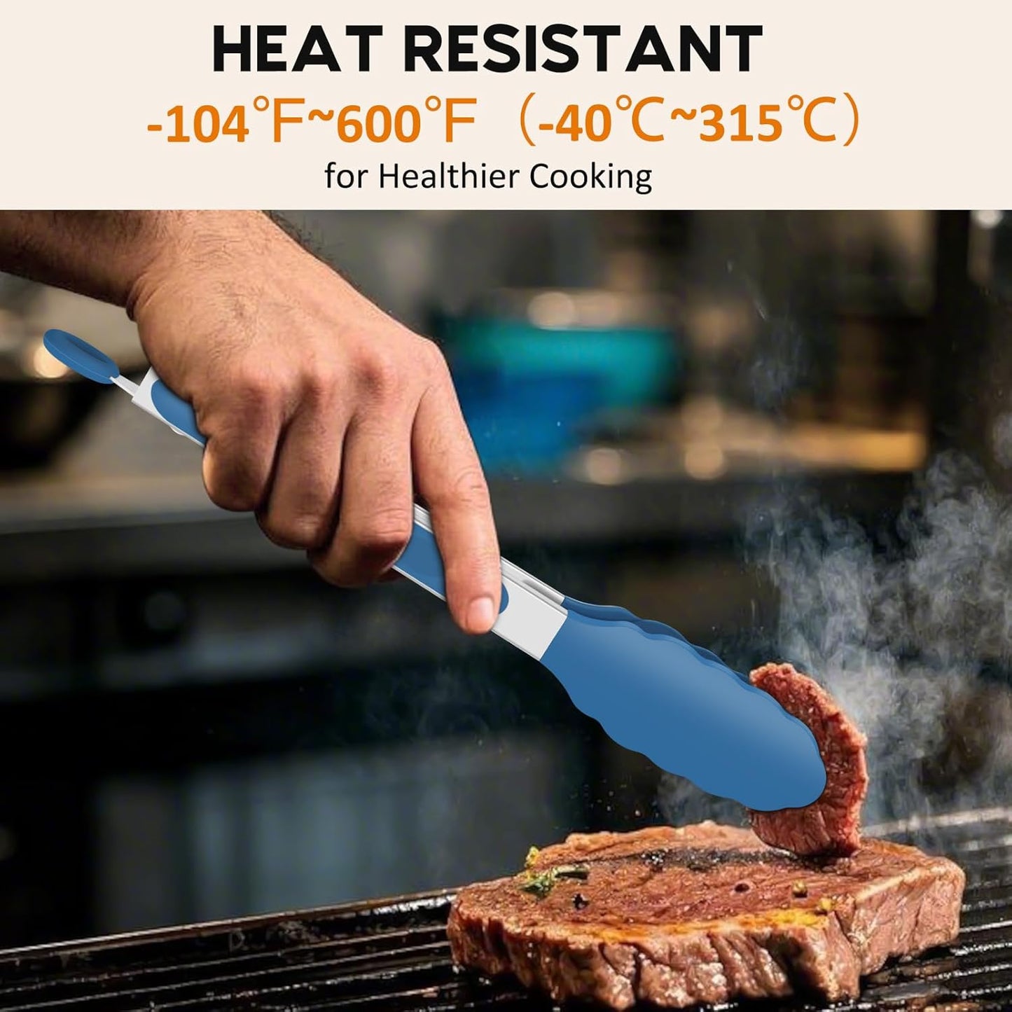 Kitchen Tongs, Set of 3 Stainless Steel Tongs with Silicone Tips Locking Cooking Tongs 600ºF Heat Resistant Tong for Cooking BBQ Grilling Air Fryer Serving Food Salads, 7"+9"+12" Classic Blue