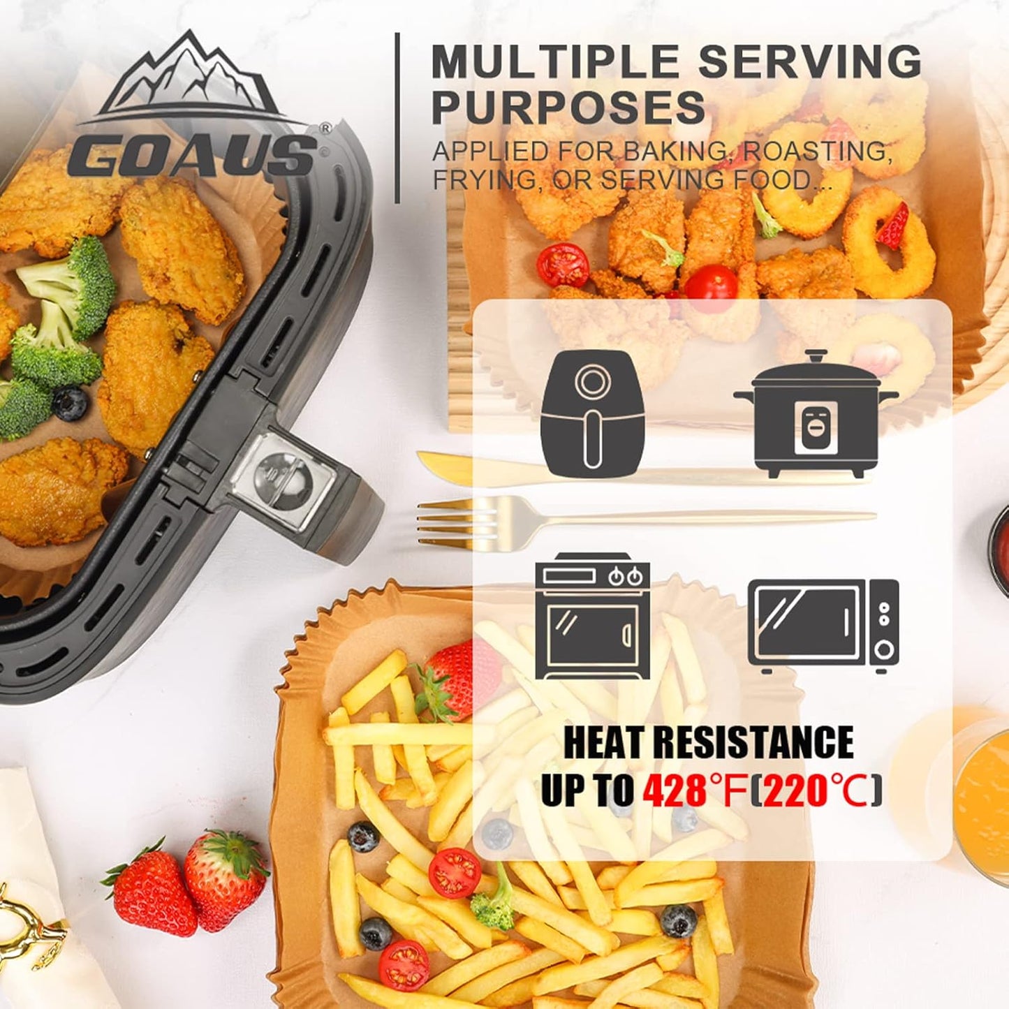 GOAUS Air Fryer 100pcs Square Paper Liners Disposable for 2 to 5 Qt Basket, 6.3 inch Unbleached Non-stick Oil-proof Parchment Paper