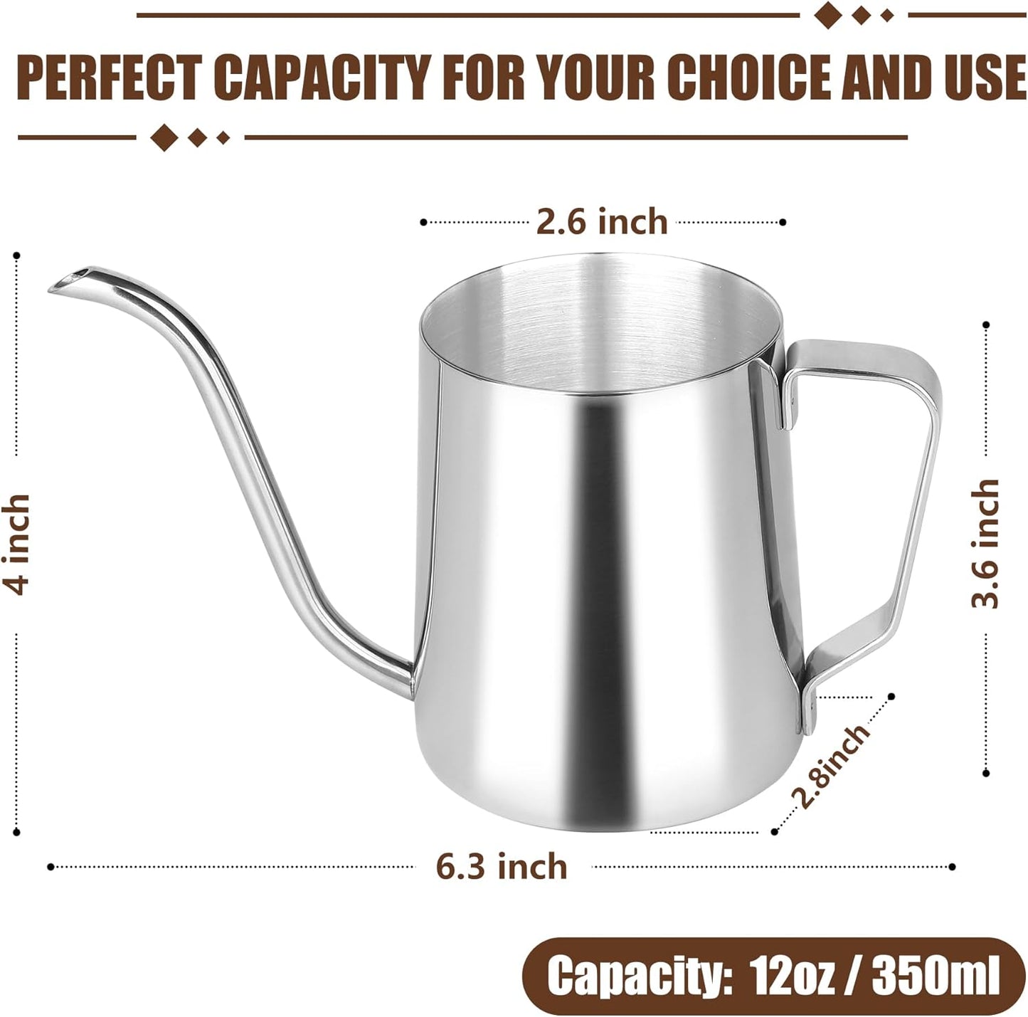 Stainless Steel Gooseneck Spout Kettle for Hand Drip Coffee One Serving Pour Over Kettle for Filter Coffee Long and Narrow Drip Cup for Outdoor Camping (Silver / 350ML / 1Pack)