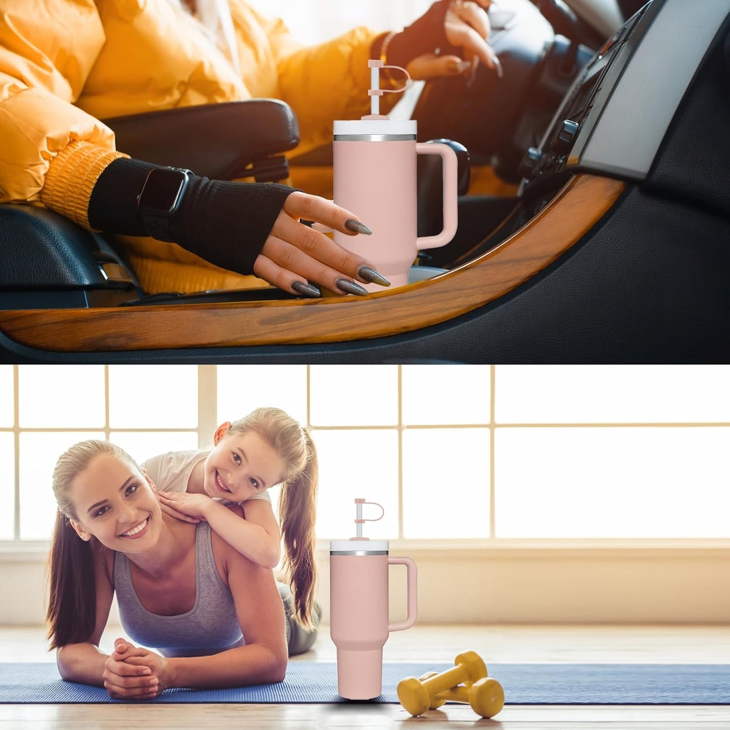 Silicone Spill Stopper Set Compatible with Stanley Cup 2.0 30oz & 40oz with Straw Cover (Set of 2, Pink Dusk)