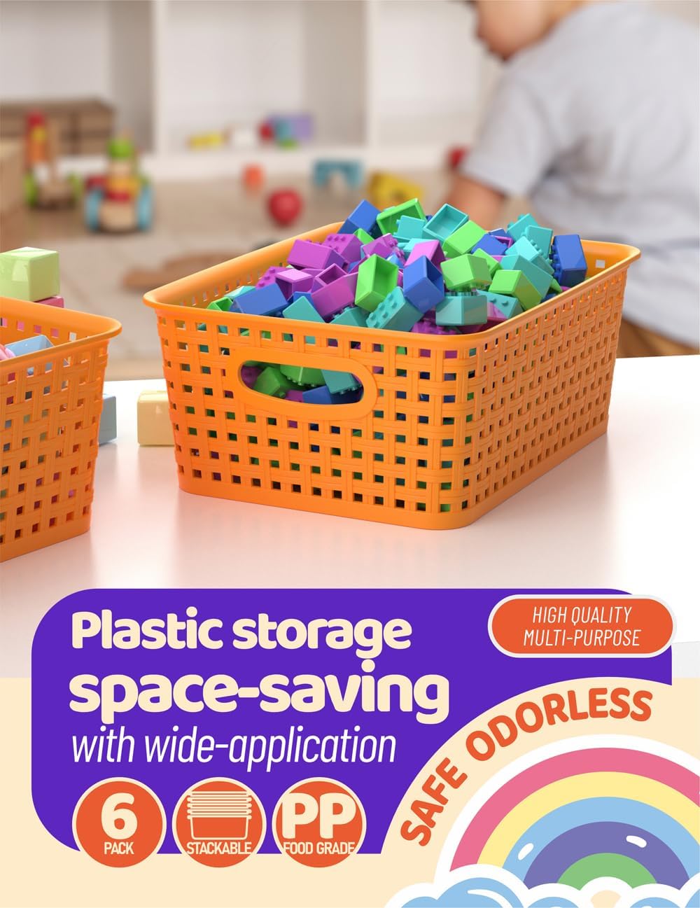 WYT 6-Pack Plastic Small Shelf Storage Weave Baskets Organizing for Cabinets and Pantries, Orange