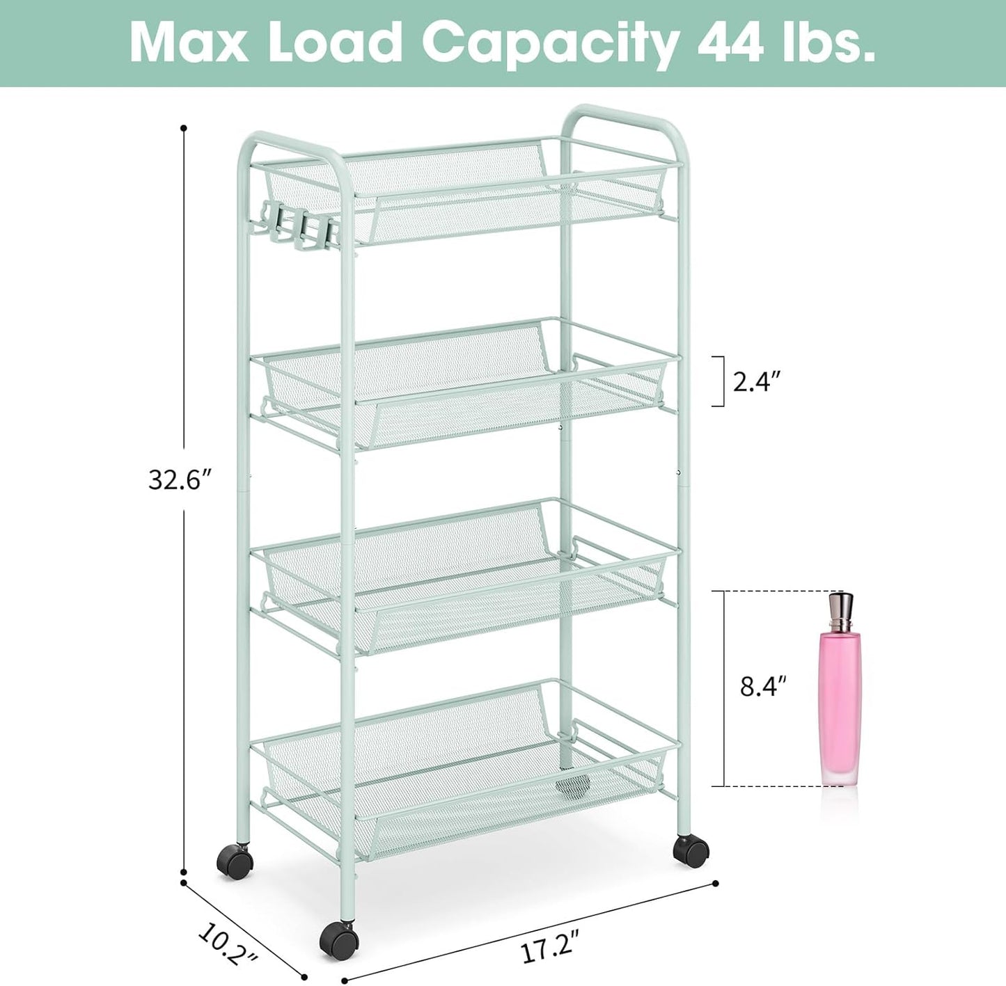 TOOLF 4-Tier Rolling Cart, Metal Utility Cart with 3 Hooks, Easy Assemble Mobile Storage Trolley On Wheels, Metal Shelving Units Kitchen Bathroom Laundry Room