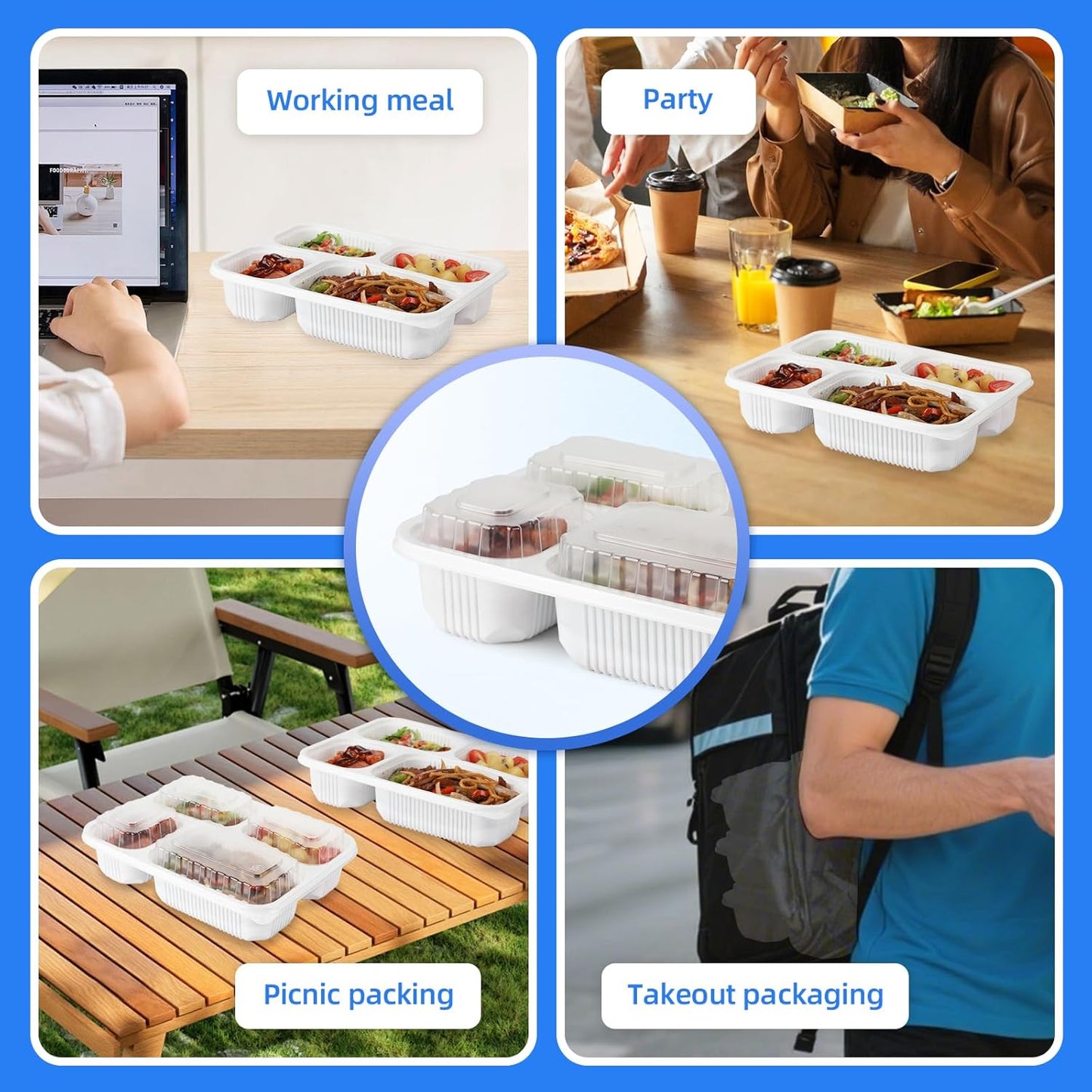 YANGRUI Food Containers with Lid 40 Pack 34 oz - Reusable Shrink Wrap 4 Compartment Leakproof Takeout | BPA Free Flexible PP Plastic Container | Dishwasher & Microwave Safe Hotel Grade White To Go Box