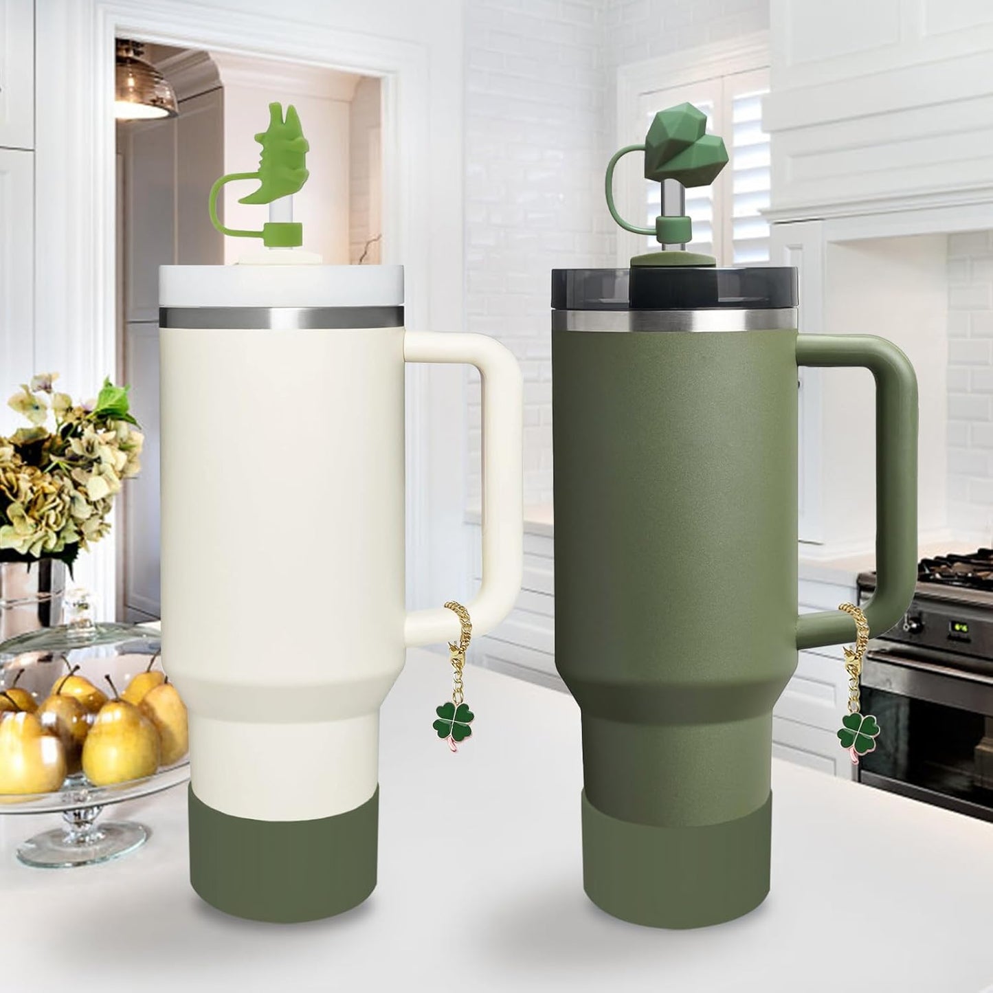 Stanley Cup Accessories Set,Including 2 Pcs 0.4in Straw Cover, 1 Silicone Spill-Proof Stopper Set of 3, 1 Cute Flower Handle Charm, 1 Silicone Boot Fits Stanley 40&30 Oz Tumbler (Dried Pine)