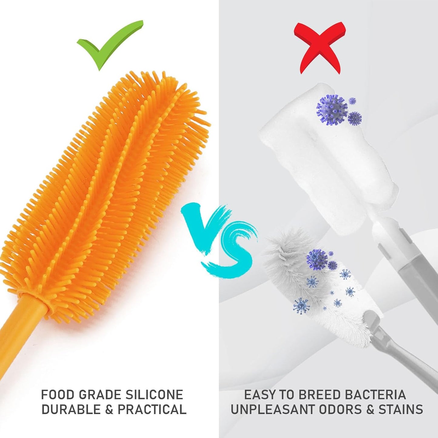 15.7" Silicone Bottle Brush, ddLUCK Water Bottle Cleaner Brush for Stanley, Hydroflasks, Glass, Thermos Sports Bottle, Vase and Glassware, Bottle Brush Cleaner for Narrow Neck Containers (Orange)