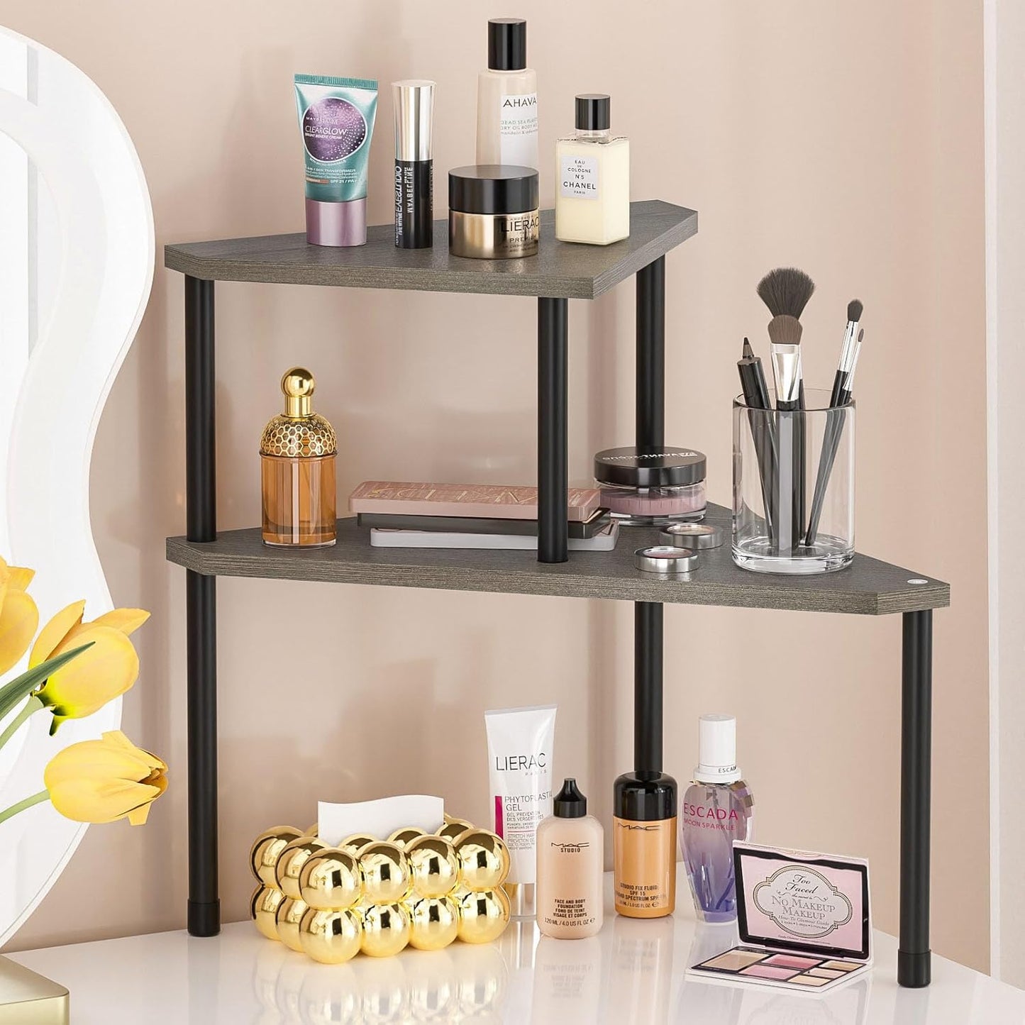 Weenson Bathroom Counter Organizer Over Sink Organizer for Toiletries, Makeup, Kitchen Countertop Organizer Spice Rack for Salt, 2-Tier Corner Counter Shelf for Coffee Area Storage(Rustic Grey)