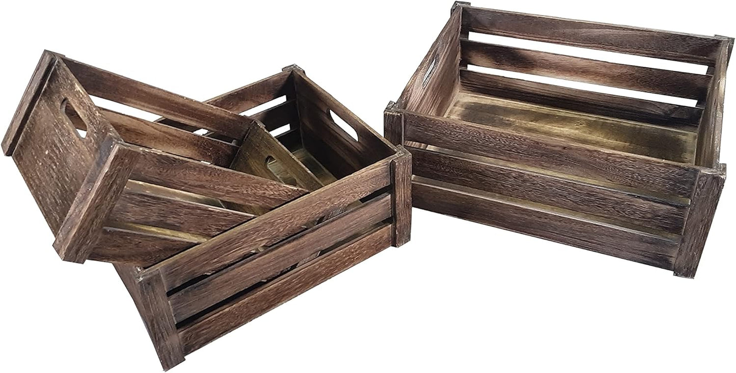 Admired By Nature Wooden Crates Storage Container, Rustic Light Brown Set of 3, Farmhouse Style Decorative Baskets for Home Decor, Rustic Decor, Nesting Stackable Organizers, Distressed Wood Crates