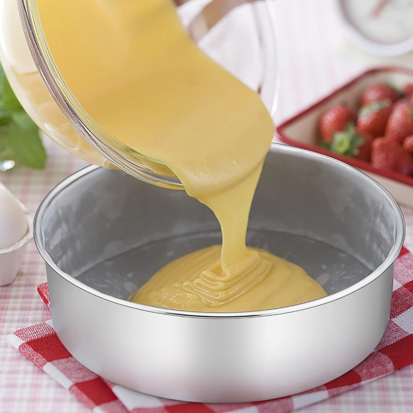 TeamFar Round Cake Pan, 8’’ x 3’’ Stainless Steel Deep Baking Roasting Cake Pan for Birthday Party Wedding, Non-Toxic & Heavy Duty, Deep & Straight Wall, Mirror Finish & Dishwasher Safe