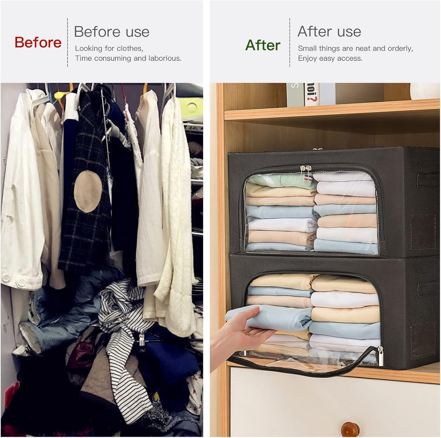 FHSQX 2 Pack Clothes Storage Bins Foldable Metal Frame Storage Box Linen Fabric Organizer Set with Carrying Handles and Clear Window (Black, 15.7x 11.8x 7.8Inch)