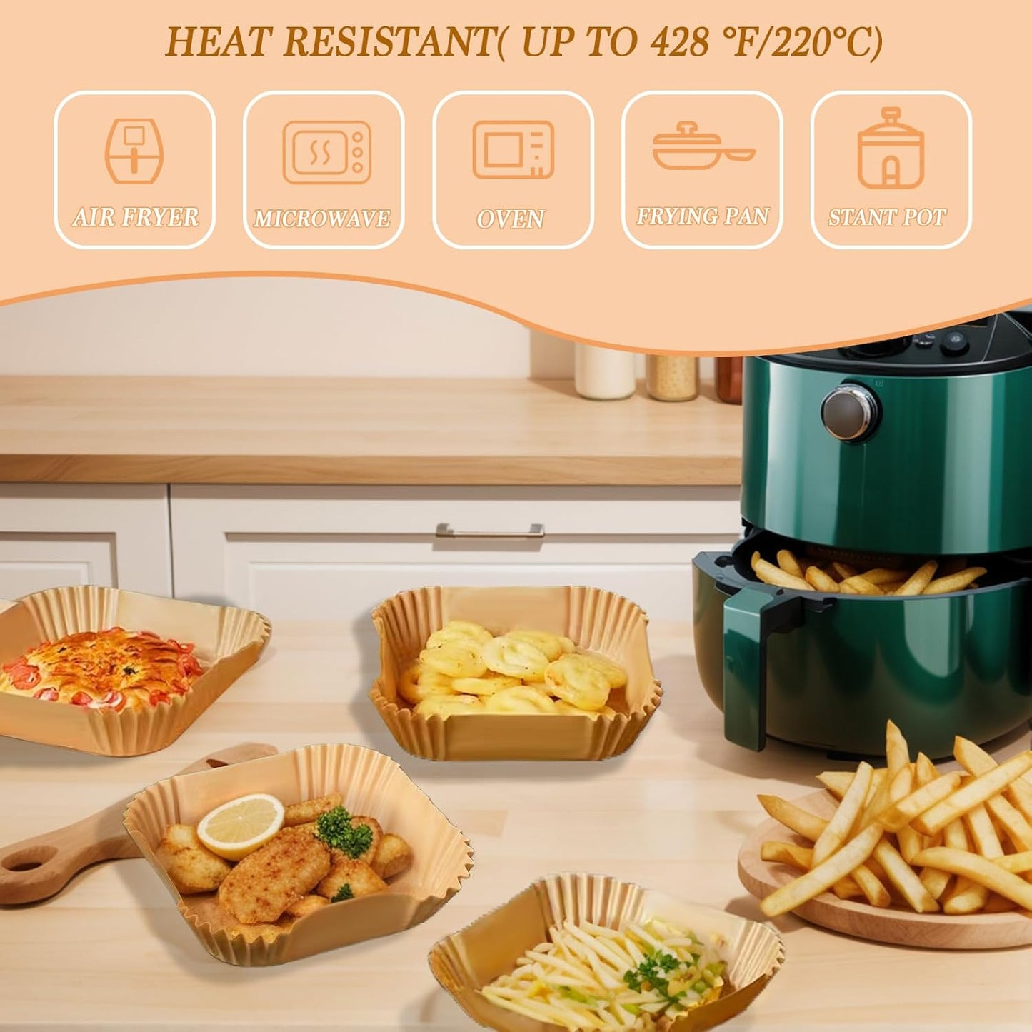 Square Air Fryer Liners Disposable, 100pcs Nonstick Parchment Paper Liners Air Fryer Paper Liners For 2-5 Qt AirFryer Baking Roasting Microwave (Square 6.5Inch)