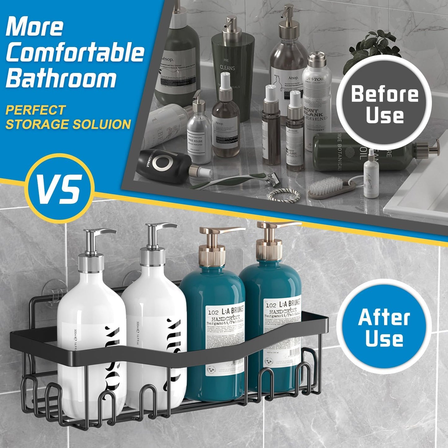 Adhesive Shower Caddy, No Drilling Bath Organizers 5 Pack, Rustproof Shelves with Soap Holder & Toothbrush Holder, Bathroom Organizers and Storage, Black