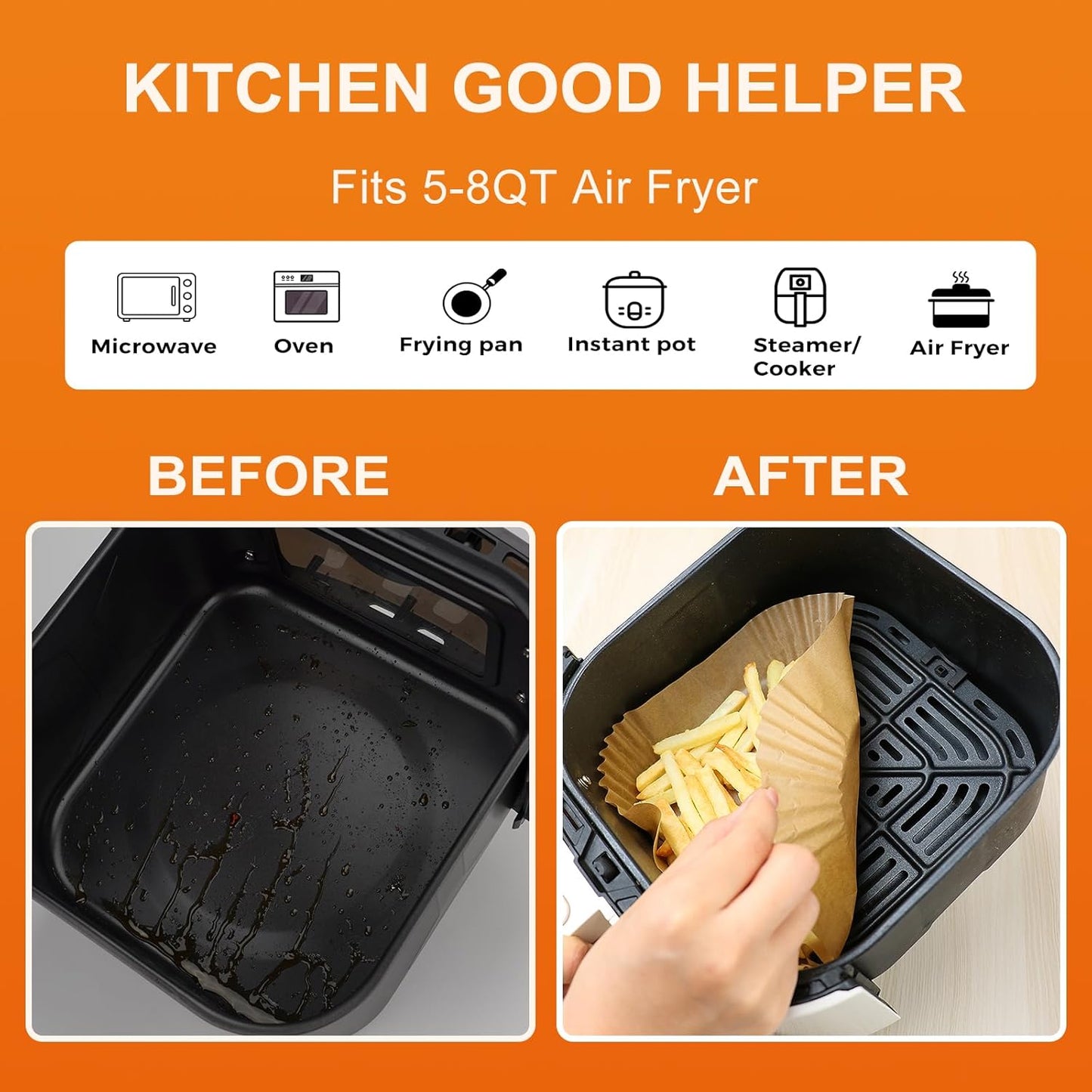 Air Fryer Liners Disposable, 200Pcs 8" Square Unbleached Parchment Paper Liners Non-Stick & Waterproof Oilproof for 5-8 QT Airfryer Basket, Baking, Roasting Microwave, Oven