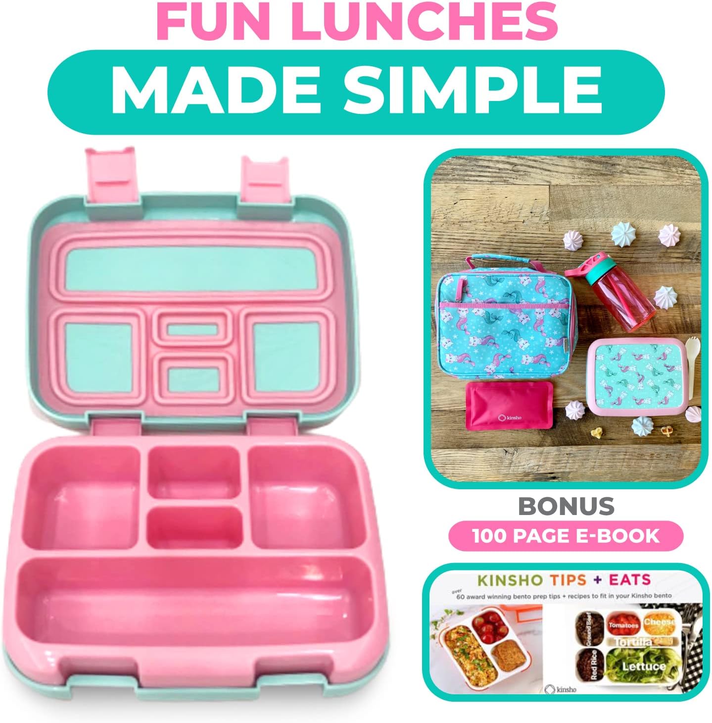 Kinsho Bento Lunch Box for Kids Toddlers, 5 Portion Control Sections, BPA Free Removable Plastic Tray, Pre-School Kid Toddler Daycare Lunches, Snack Container Ages 3 to 7 (Aqua Cat Mermaid)