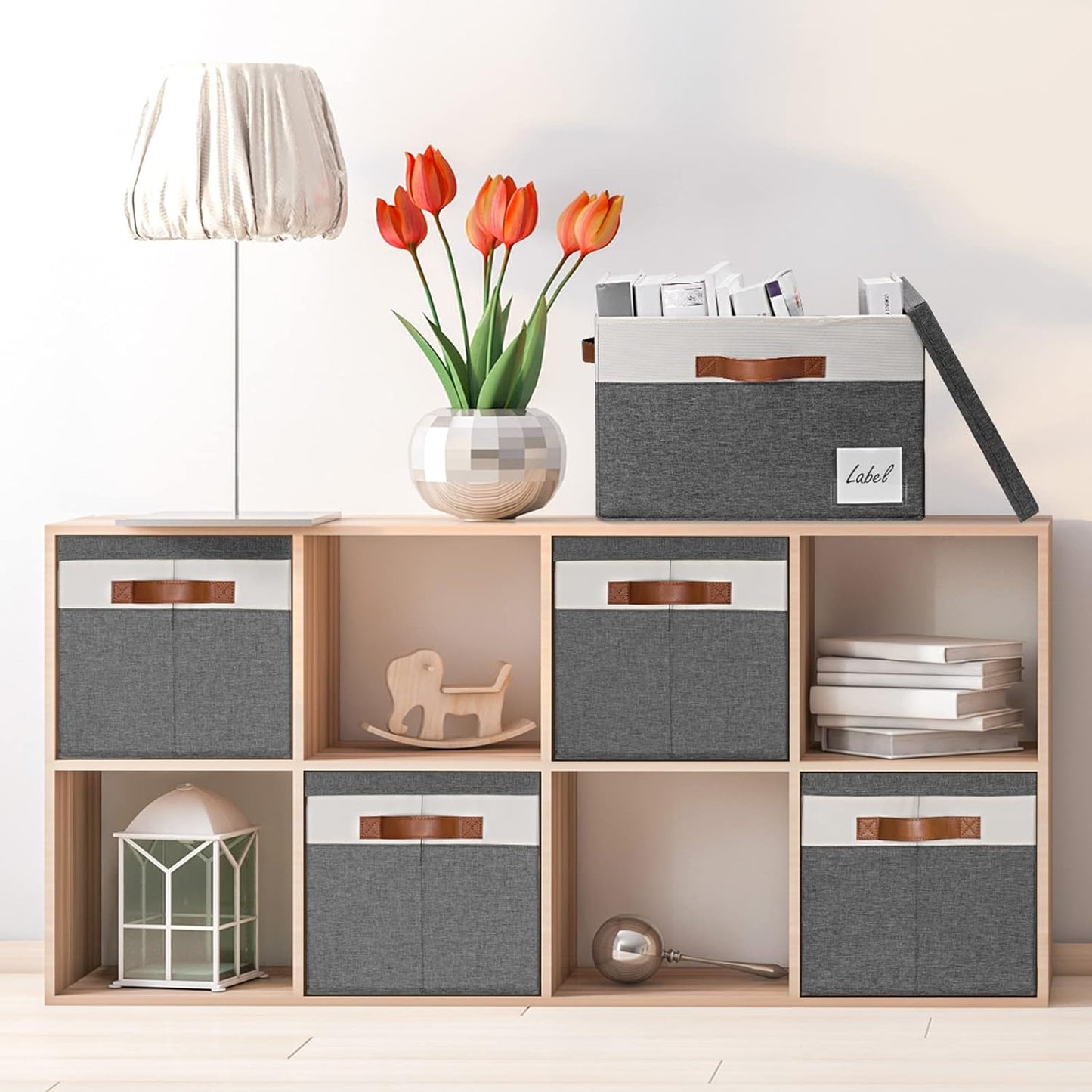 GhvyenntteS Extra Large Storage Bins with Lids 6 Pack, Foldable Fabric Storage Boxes with Lids and 3 Leather Handles, Storage Baskets with Label Window (Grey, 15.75" x 11.8" x 10.2")