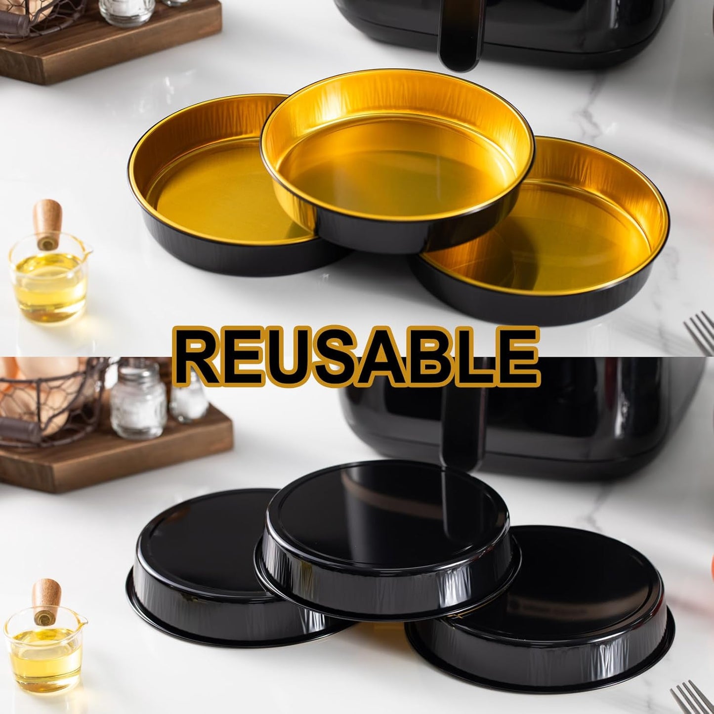 Reusable Aluminum Foil Air Fryer Pans, 50-Pack, 7.1-Inch Diameter, 1.6-Inch Depth, 24.5-Ounce Capacity, Food-Grade, Black & Gold, Thickened for High Temperatures, Dishwasher Safe