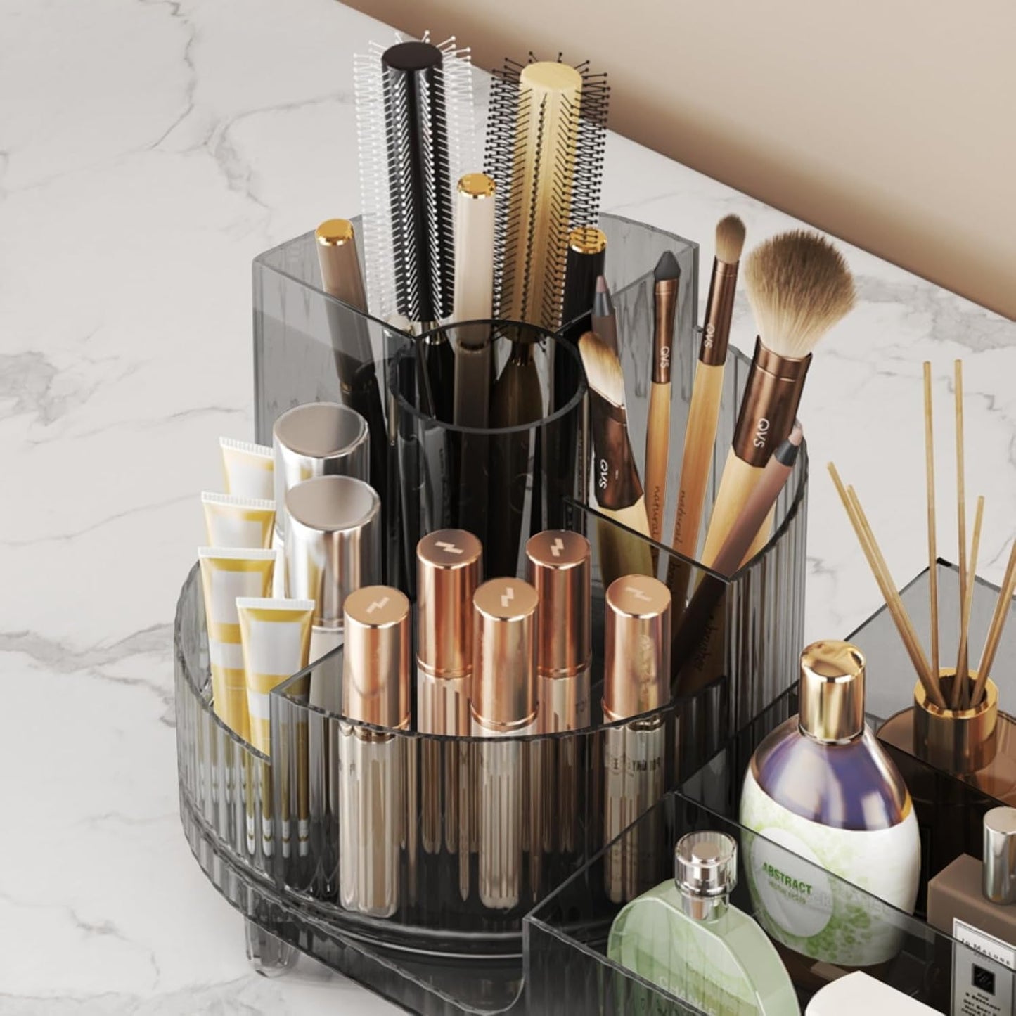 Rotating makeup organizer,Large Capacity Cosmetic Display Case, easy to hold all of your makeup products, at least 20 makeup brushes/eyeliner,10 lipsticks,8 skincare products(Crystal Black)