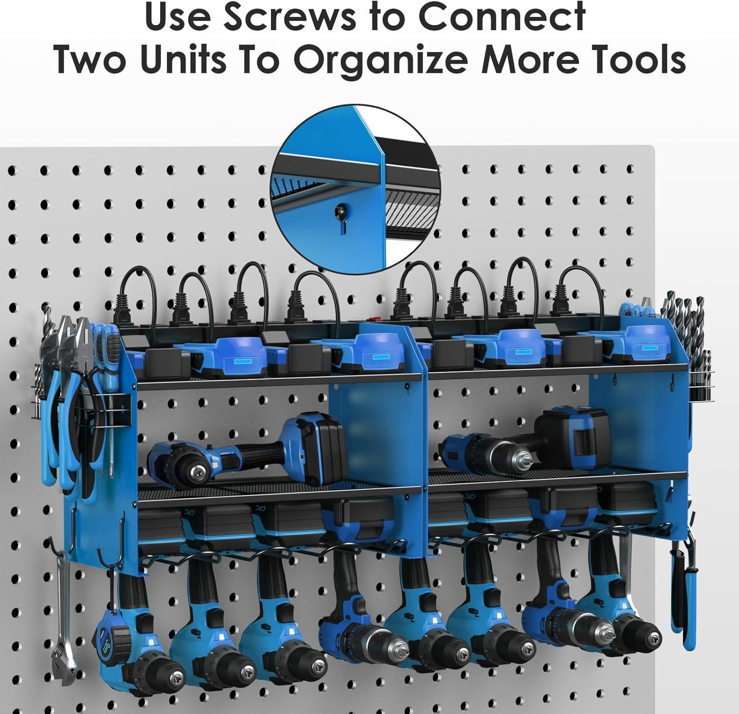 CCCEI Modular Power Tool Organizer Wall Mount with Charging Station. Garage Drill Storage Shelf with Hooks, Heavy Duty Rack, Tool Battery Holder Built in 8 Outlet. Gift for Men. Blue, 1 Pack.
