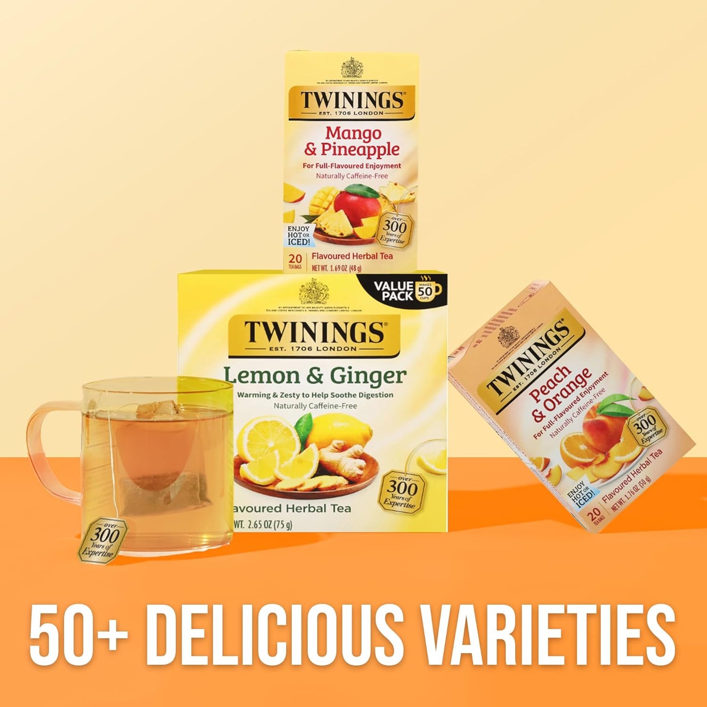 Twinings Mango & Pineapple Herbal Tea Individually Wrapped Bags, 20 Count (Pack of 2), Naturally Caffeine-Free, Enjoy Hot or Iced, 20 Teabags
