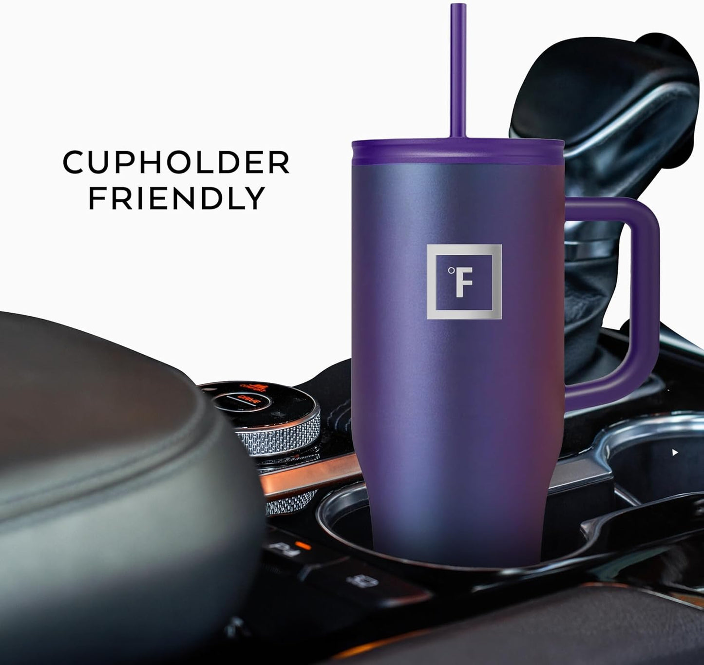 IRON °FLASK Co-Pilot Insulated Mug w/Straw & Flip Cap Lids - Cup Holder Bottle for Hot, Cold Drink - Leak-Proof - Water, Coffee Portable Travel Mug - Lavender, 32 Oz