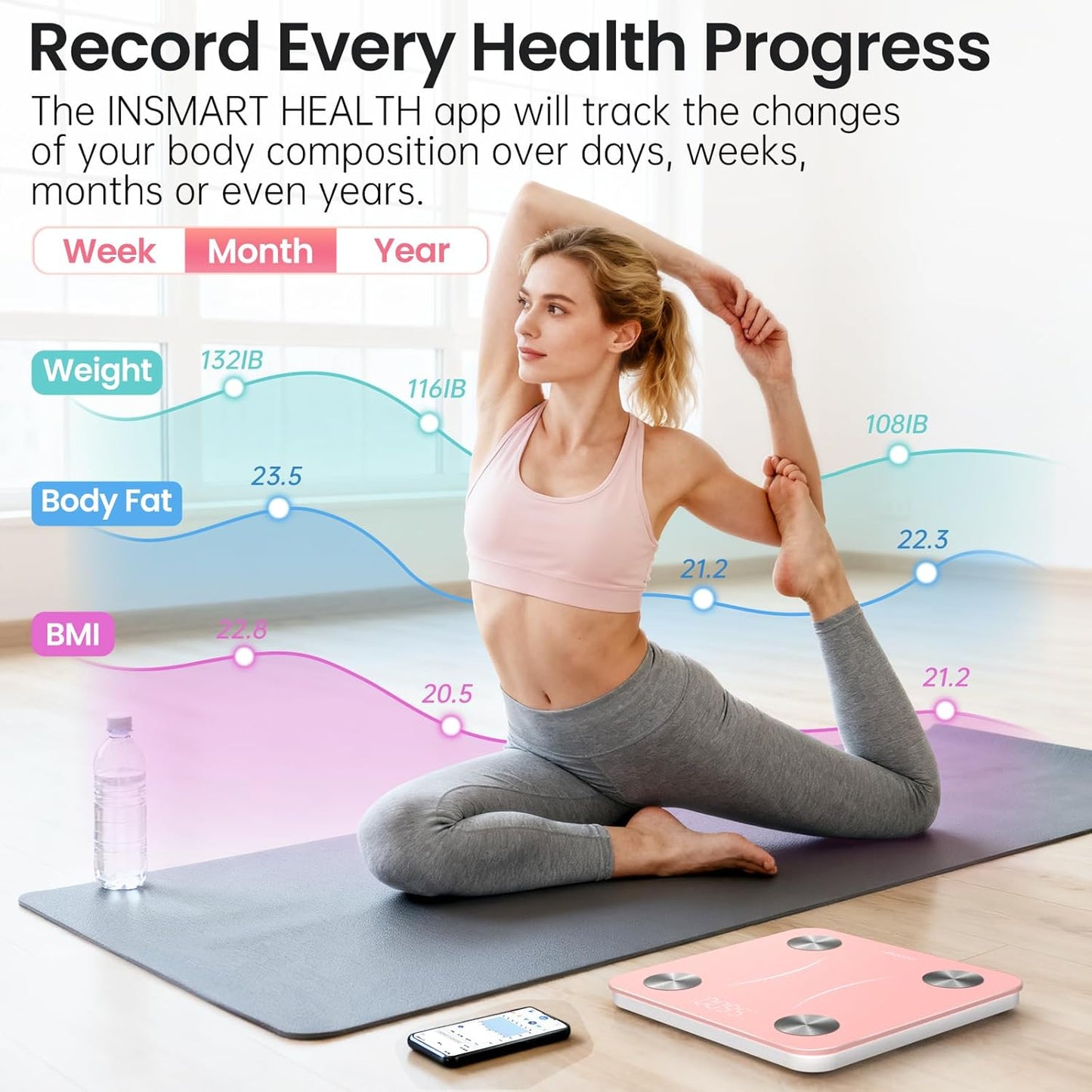 INSMART Smart Scale for Body Weight, Digital Bathroom Scale with BMI, Muscle Mass, Bluetooth Body Fat Scale,17 Body Composition Analyzer with Smart APP Sync Weight Scale, 400 lbs - Pink