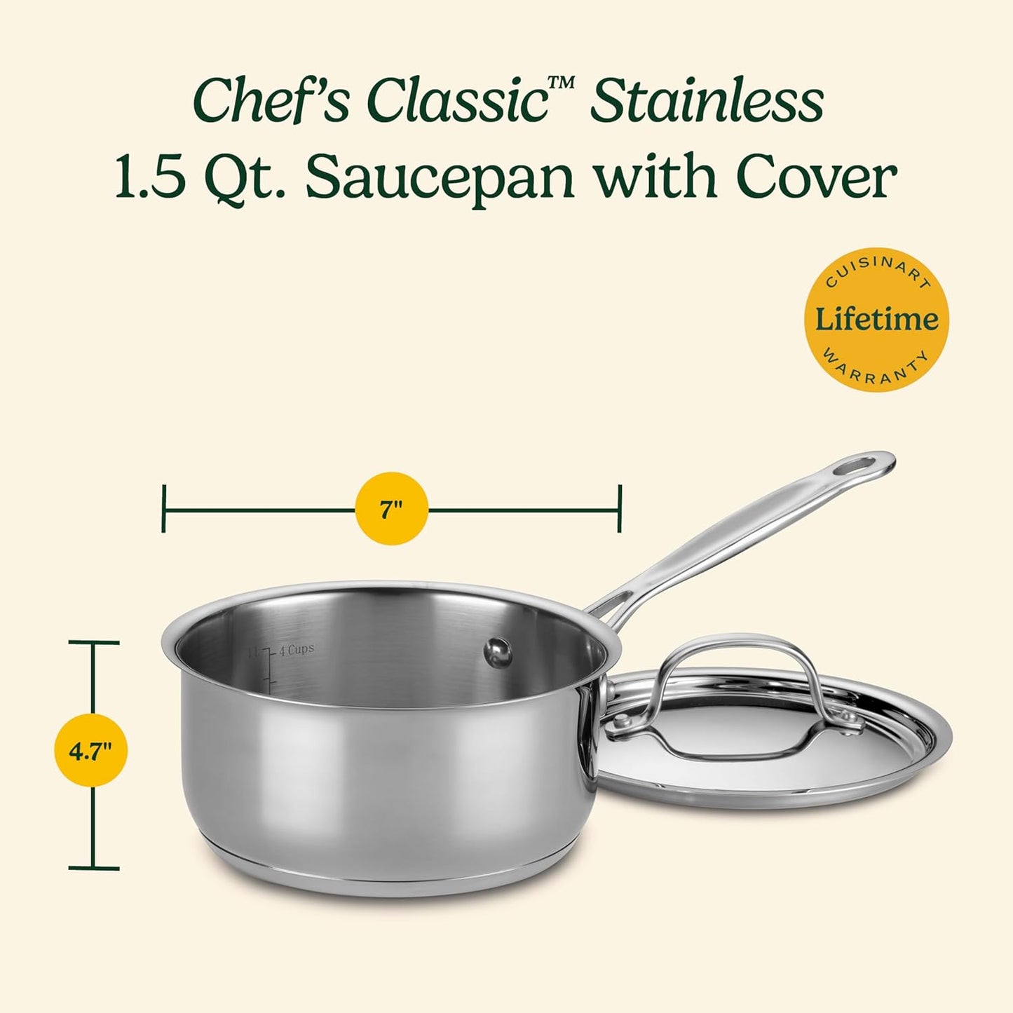 Cuisinart 1.5 Quart Saucepan w/Cover, Chef's Classic Stainless Steel Cookware Collection, 719-16