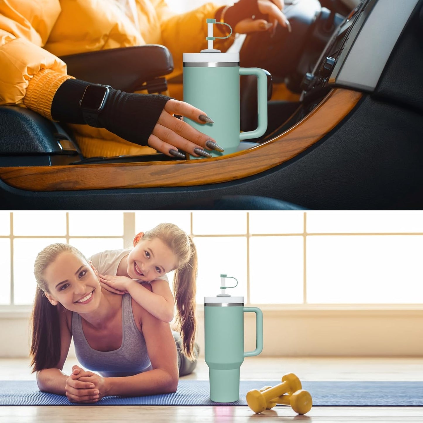 Silicone Spill Stopper Set Compatible with Stanley Cup 2.0 30oz & 40oz with Straw Cover (Set of 2, Eucalyptus)