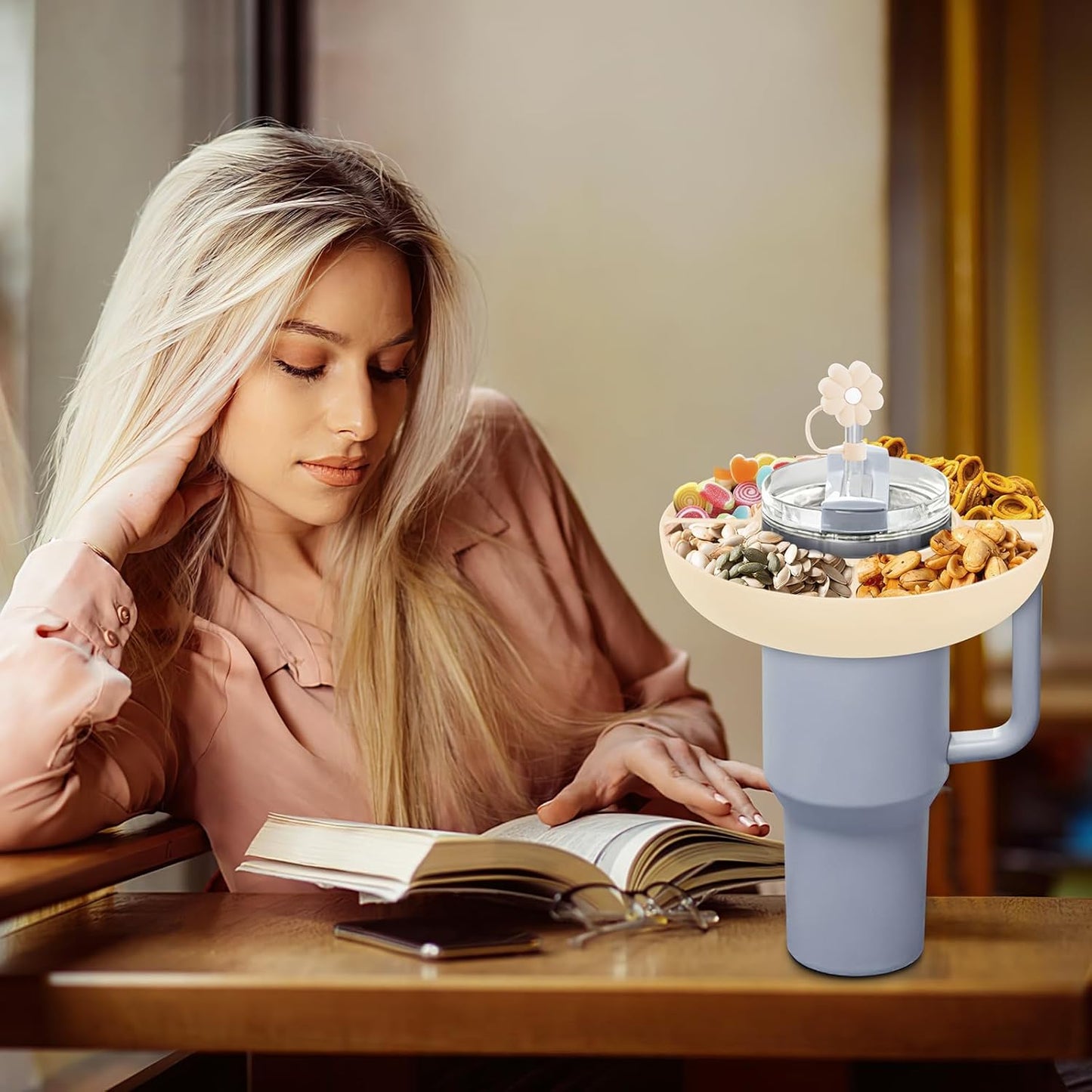 Snack Bowl for Stanley Cup 40 oz with Handle-Perfectly Compatible with Stanley Quencher H2.0 Tumbler 40 oz with Handle, Reusable Silicone Snack Tray, Stanley cup accessories (Cream Snack Bowl)