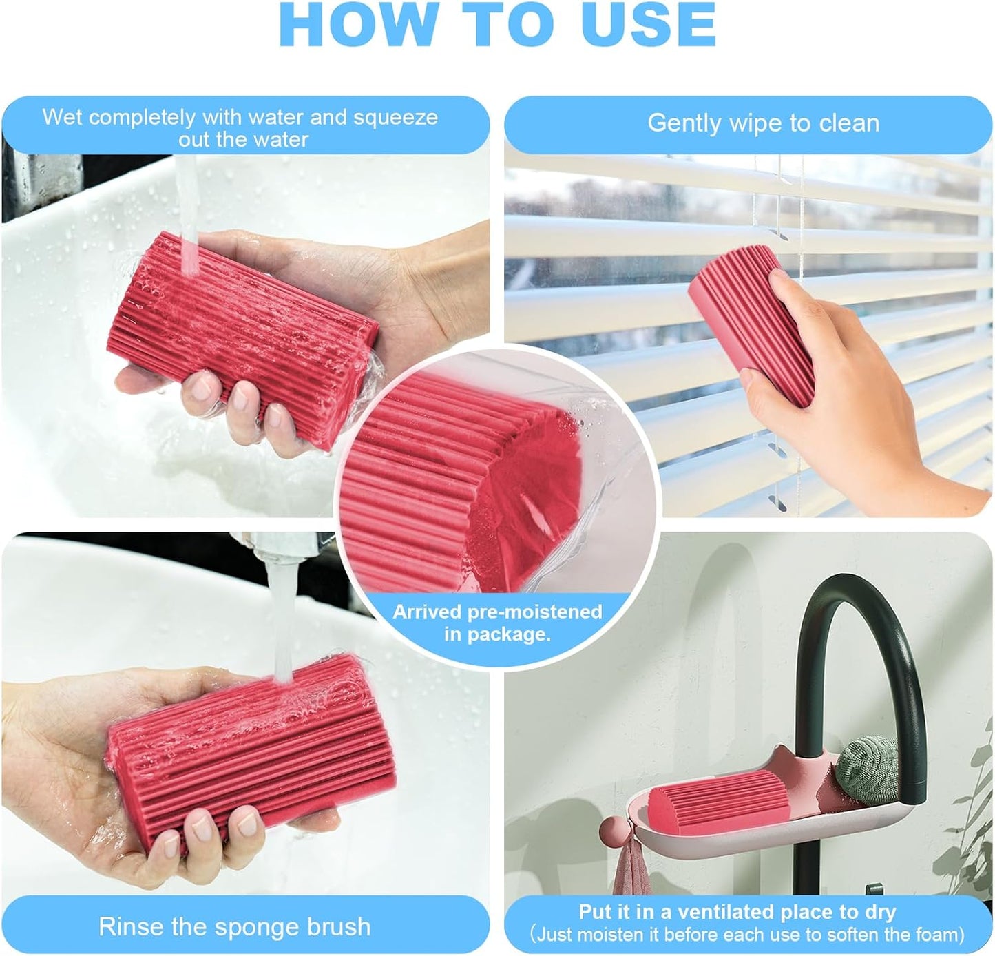 4 Pack Damp Clean Duster Sponge, Magic Sponge Eraser for Household Cleaning, Reusable Dusters Cleaning Supplies for Housekeeping, Dish, Blinds, Glass, Baseboards,Window Track Grooves and Faucets