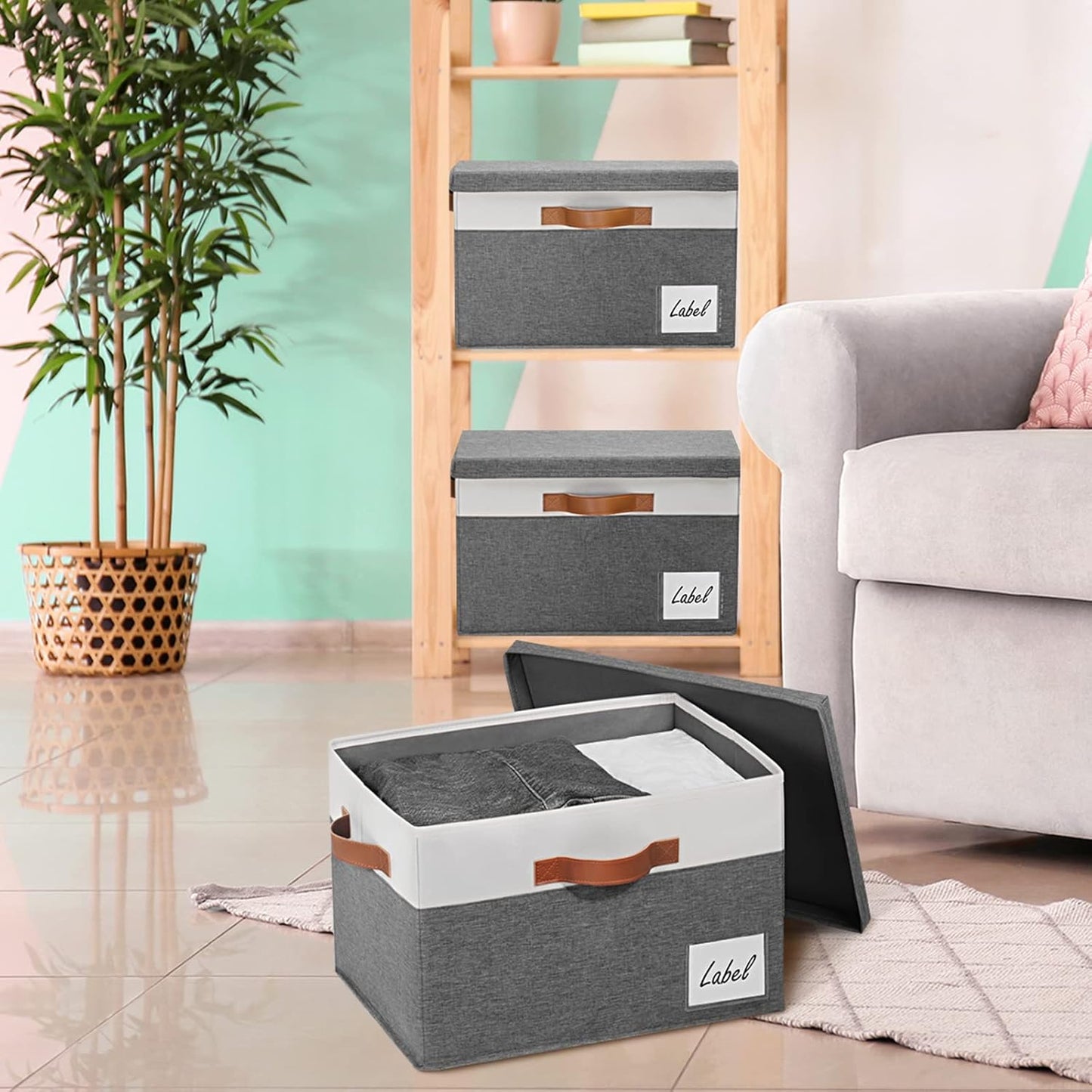 GhvyenntteS Extra Large Storage Bins with Lids, Foldable Fabric Storage Boxes with Lids and Handles, Storage Baskets with Lid and Label for Home Office (3 Pack, Grey, 15.75" x 11.8" x 10.2")
