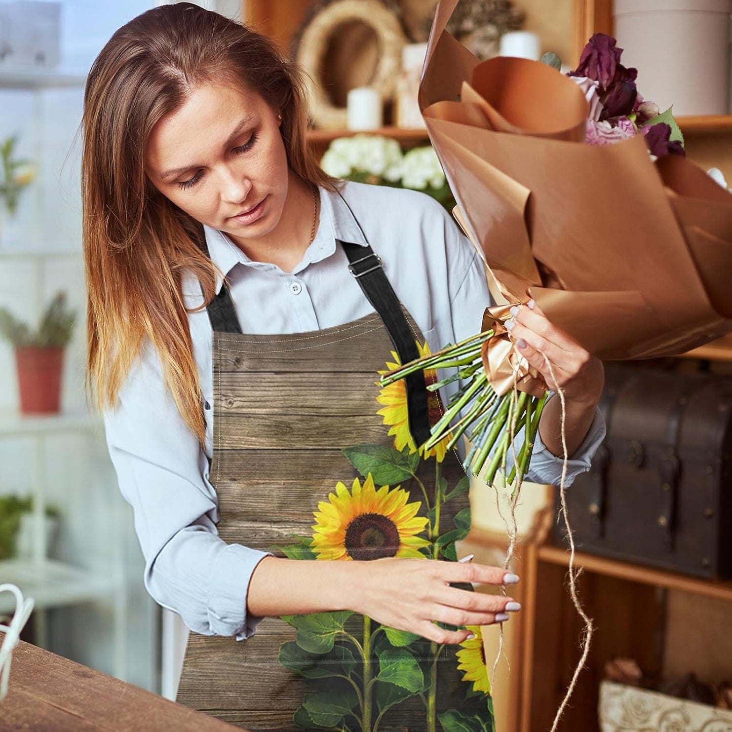 Britimes Apron Home Kitchen Cooking Baking Gardening for Women Men with Pockets Autumn Sunflowers Wooden Board Flower 32x28 inch