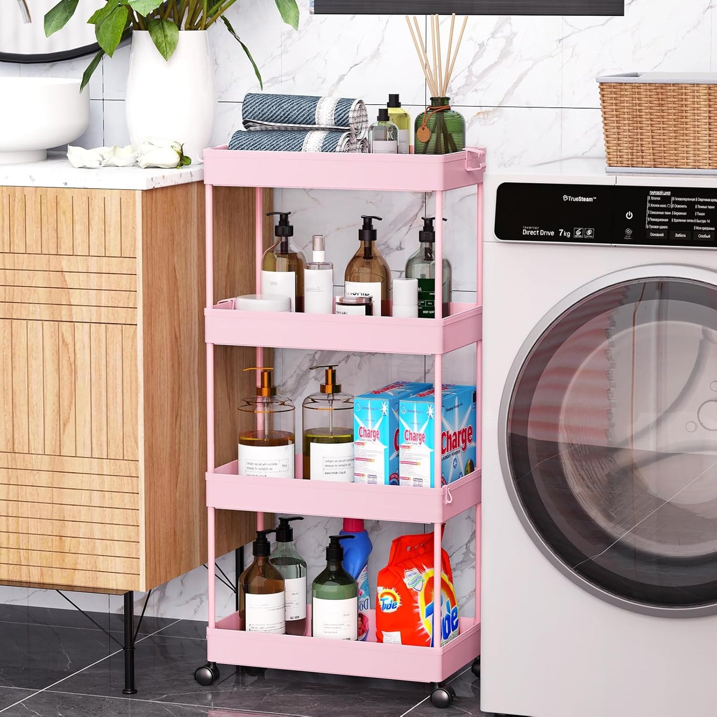 SPACEKEEPER Storage Cart 4-Tier, Bathroom Rolling Cart Utility Storage Organizer Shelf Mobile Shelving Unit for Kitchen Living Room Bathroom Laundry Room & Dressers, Pink