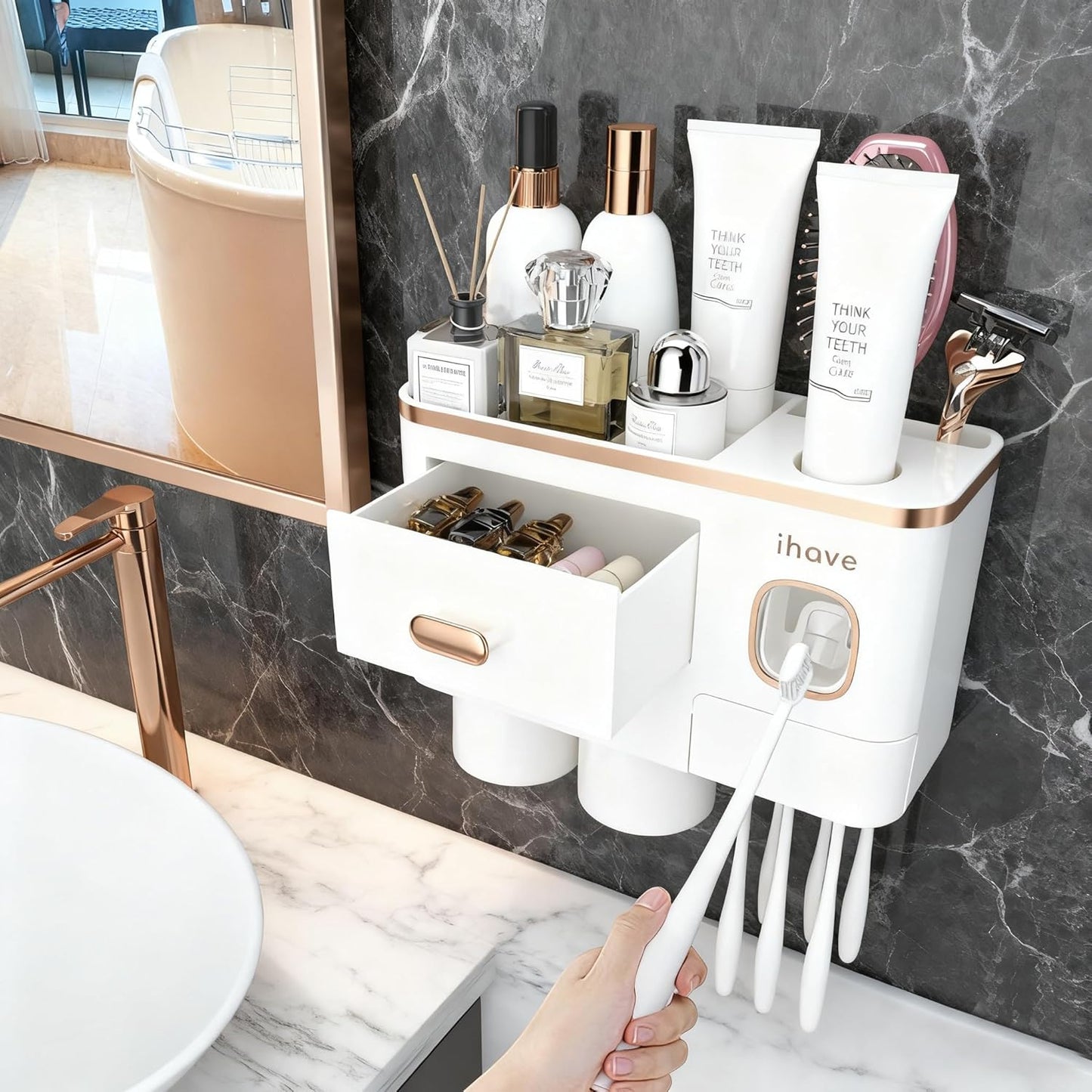 iHave Toothbrush Holders for Bathrooms - Upgrade Wall Mounted Toothbrush Holder with Toothpaste Dispenser - 2 Cups