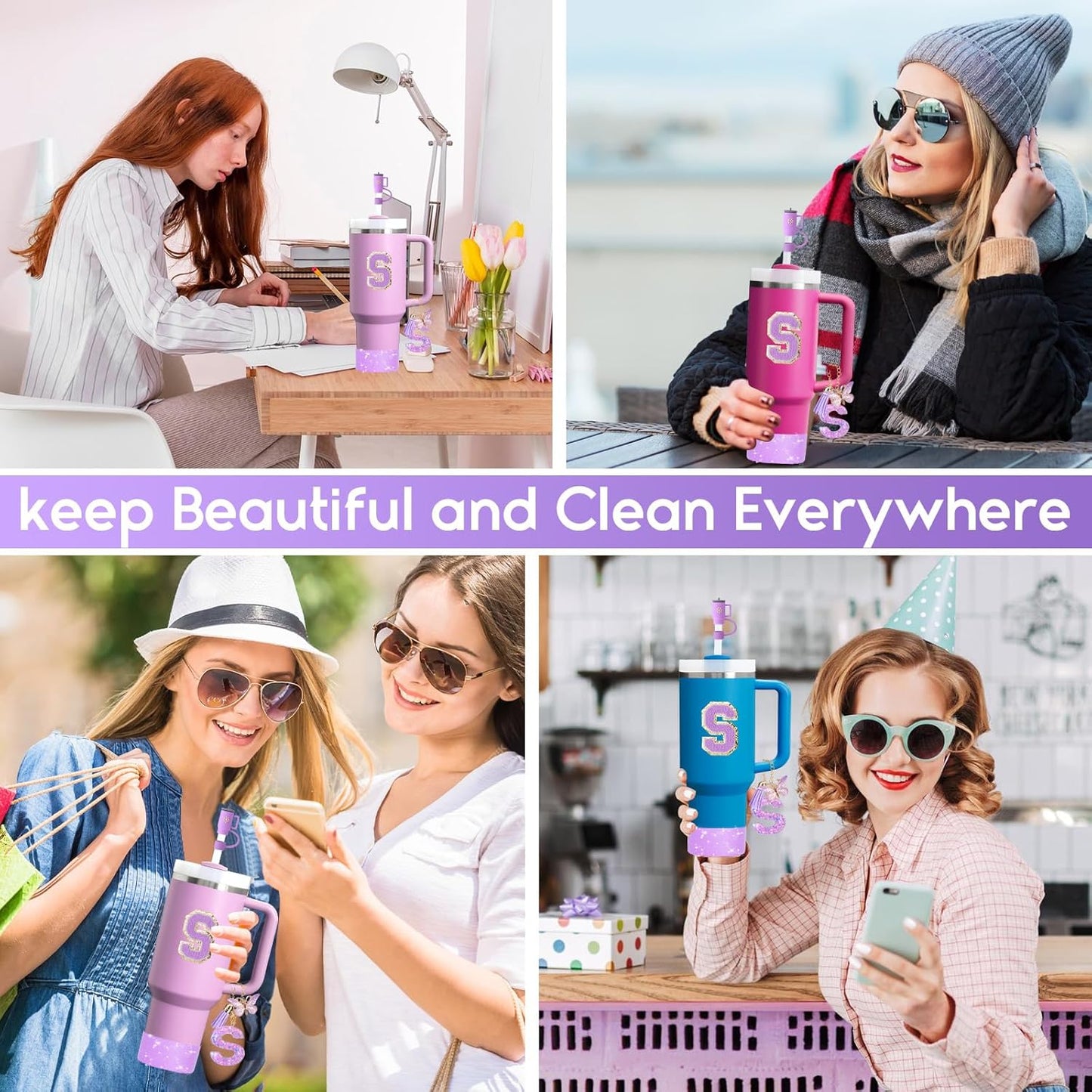 Mity rain 6PCS Cup Accessories Set for Stanley Cup 30oz 40oz tumbler with handle, Including Silicone Straw Topper Cover Cap and Boot, Spill Proof Stopper, Handle Charm, Initials Sticker (Letter S)