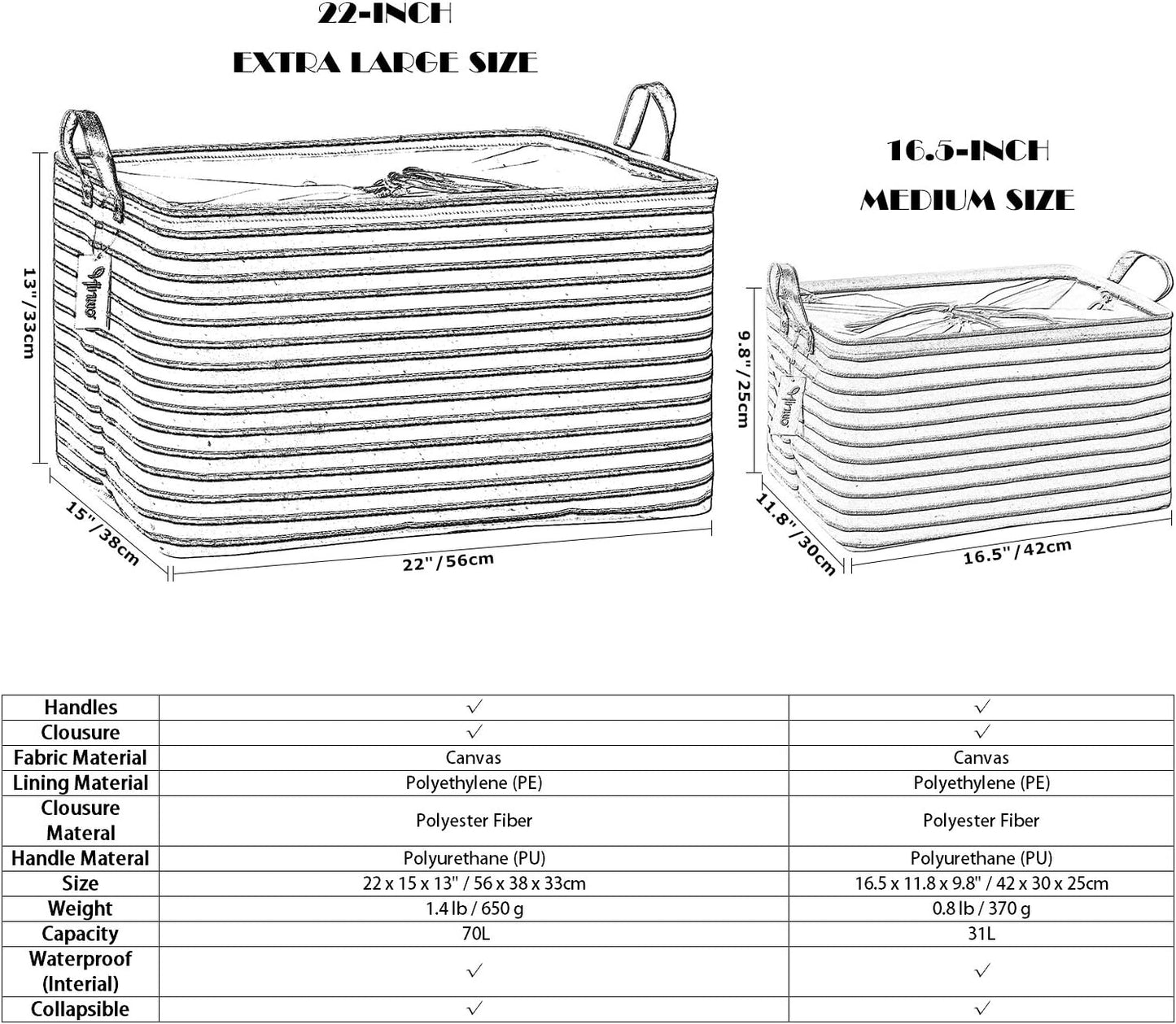 Hinwo 31L Large Storage Bins, Closet Organizers and Storage, Shelf Baskets, Foldable Clothes Storage Baskets with Handles, Containers for Clothing, Blanket, Towels, Toys, Bedding (Gold Stripe)