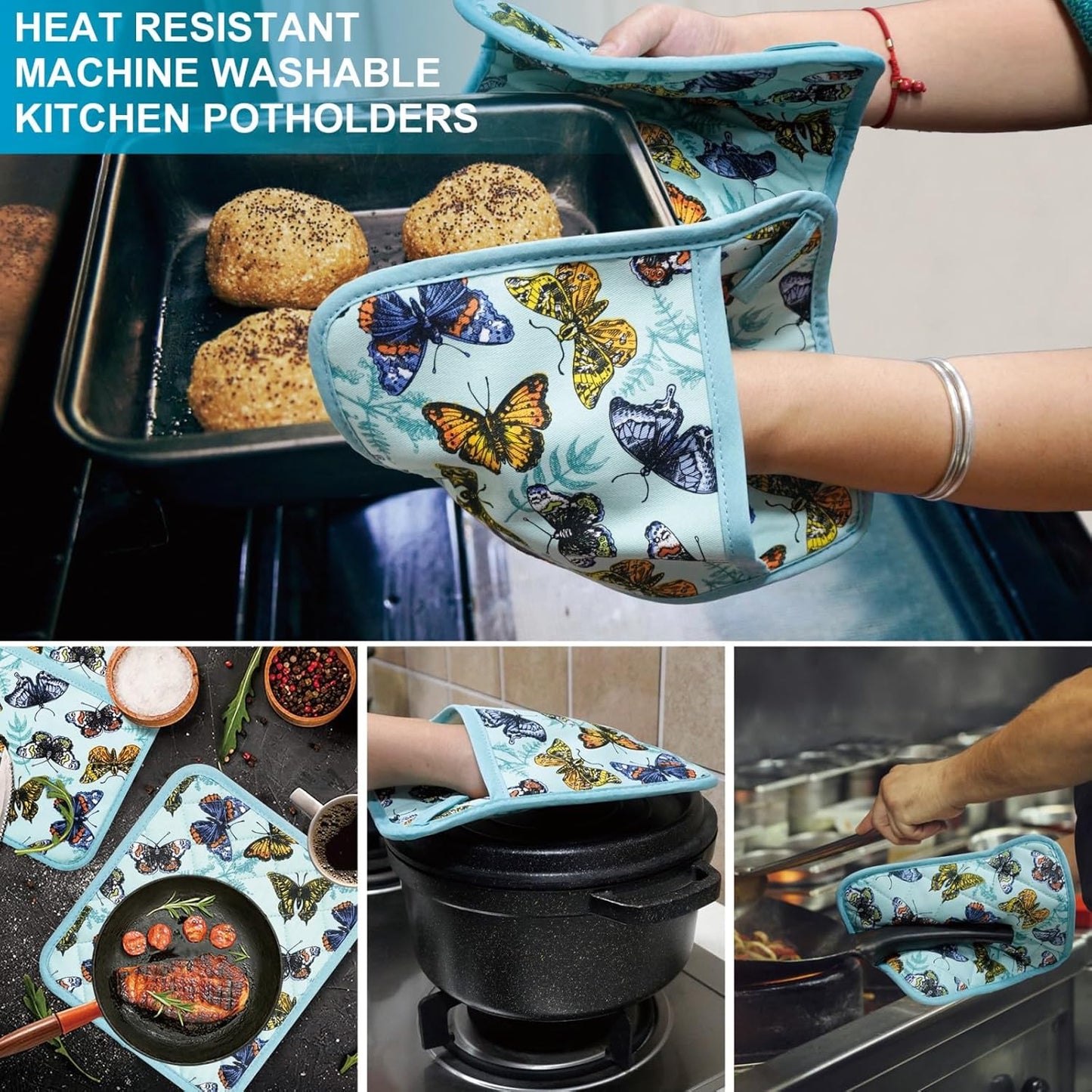 Pot Holders Set of 2 Heat Resistant 480℉ Kitchen 100% Cotton Comfortable Lining Printing Butterfly Flower Women Men Home Cooking Baking Microwave BBQ Gift (Butterfly potholders)