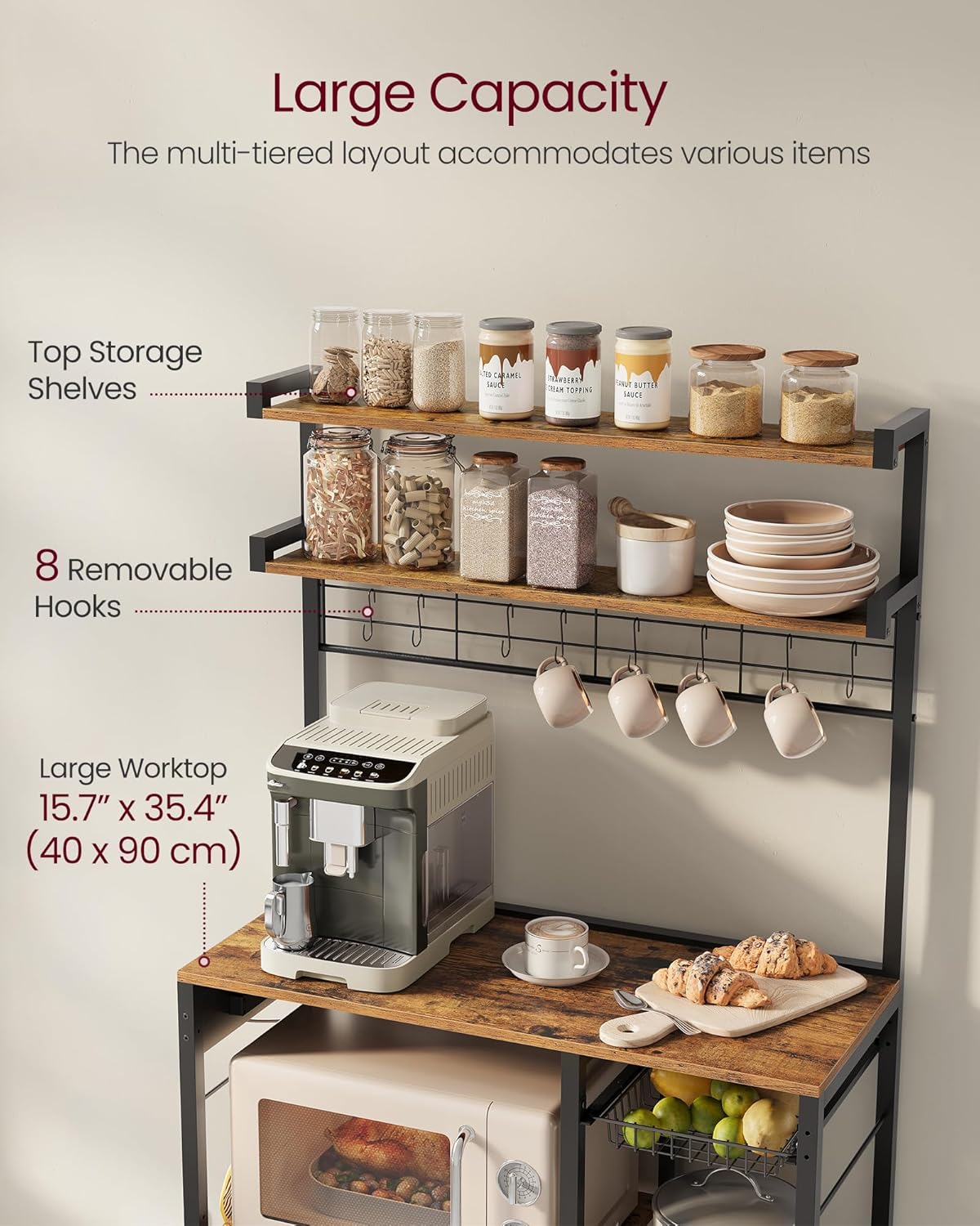 VASAGLE Bakers Rack with Power Outlet, 35.4 Inches Microwave Stand, Coffee Bar, 4 AC Outlets, with Adjustable Shelves, 8 S-Hooks, Basket, Spice Racks, Rustic Brown and Ink Black UKKS031K01