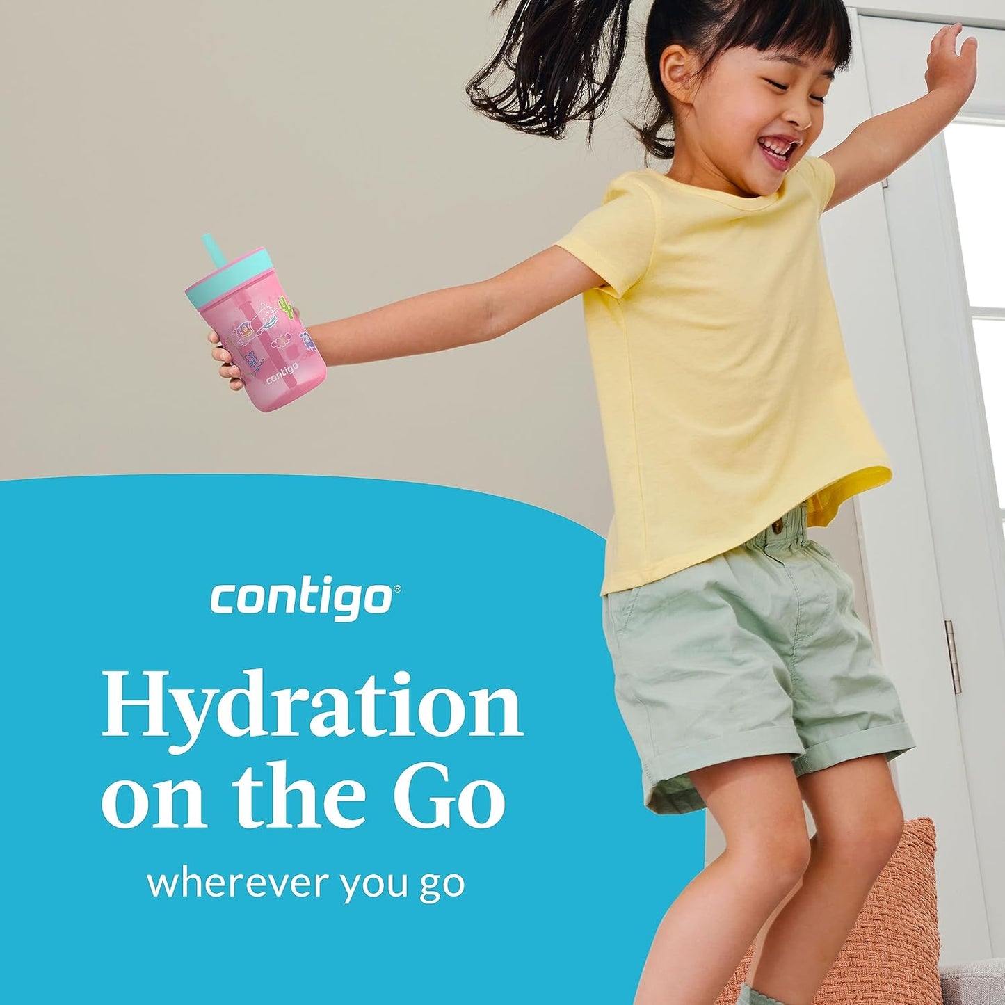 Contigo Leighton Kids Water Bottle, 2-Pack, 14oz, Spill-Proof, Blue Raspberry/Azalea & Butterlies/Llamas, Dishwasher Safe Tumbler with Straw