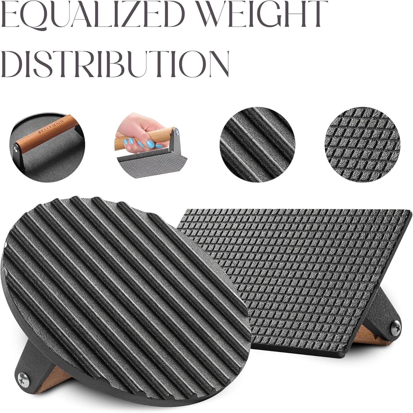 Bellemain Heavy-Duty Cast Iron Grill Press Set – Perfect Smash Burger Press & Steak Tool with Ergonomic Wood Handle for Pro-Level Searing on Griddle, Skillet, or BBQ