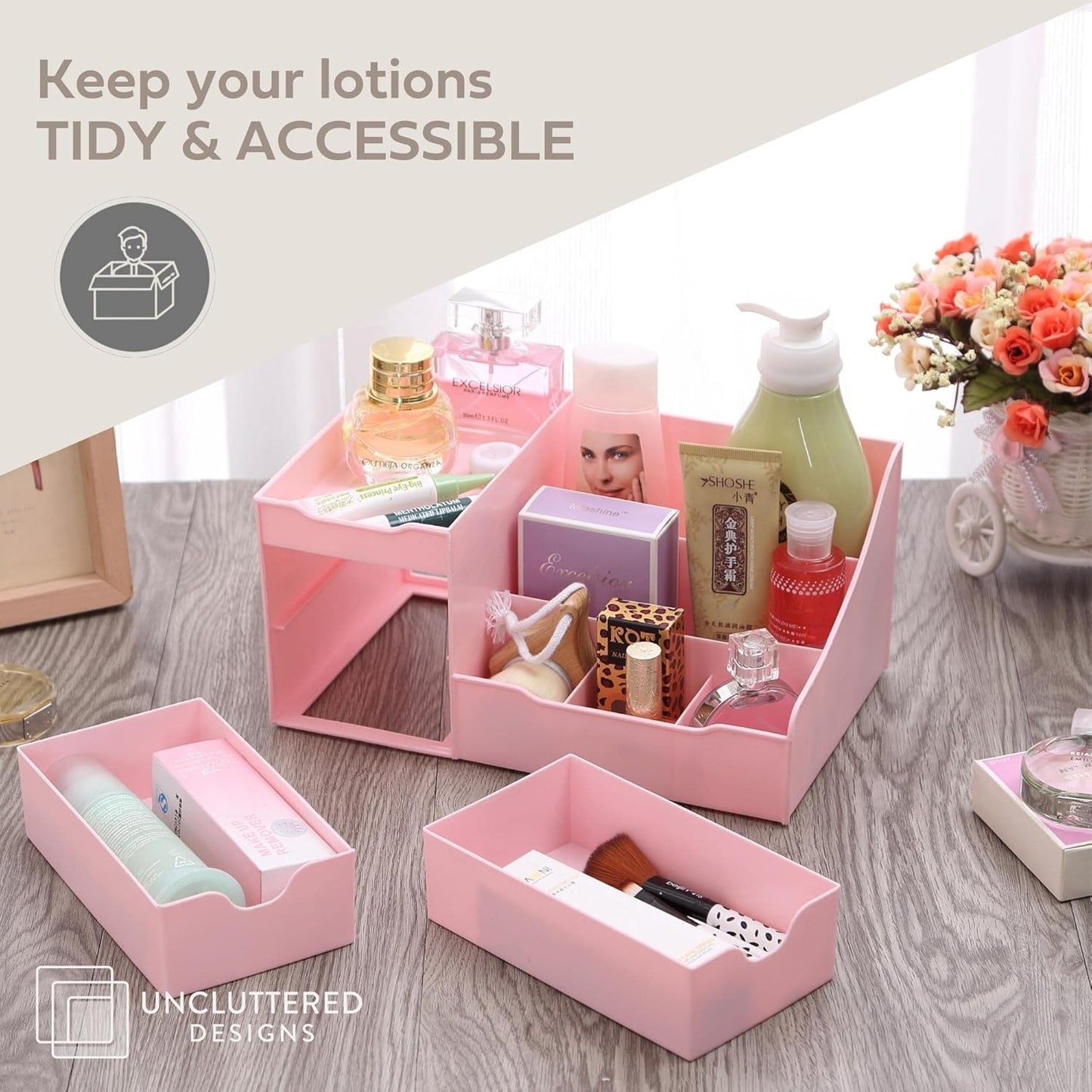 Uncluttered Designs Makeup Organizer With Drawers - Cute Kawaii Countertop Storage for Cosmetics, Pretty Vanity Holder for Perfume, Skincare, Brush, Lipstick, Nail Polish and other Accessories (Pink)