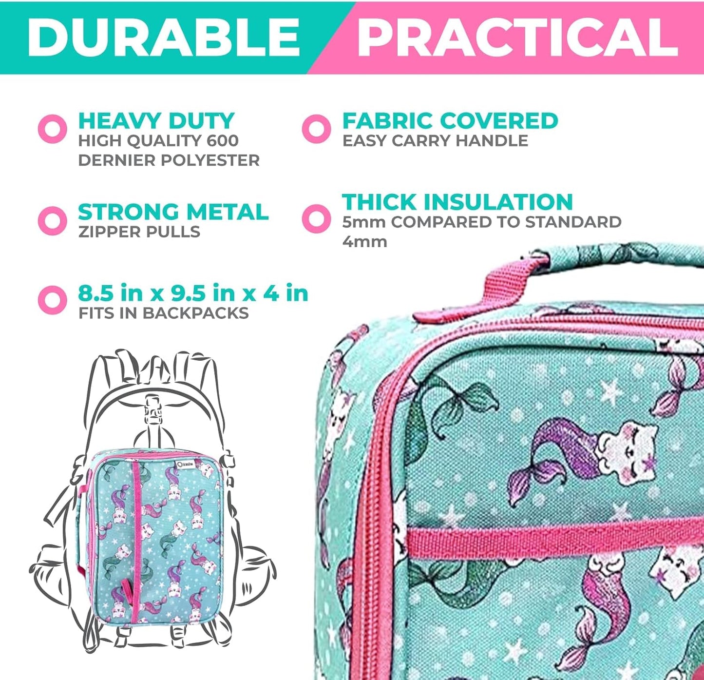 kinsho Bento Lunch Box. Insulated Bag, Water Bottle & Ice Pack Set for Kids, Toddlers, Girls. 5 Portion Sections, Removable Tray, Pre-School Toddler Daycare Lunches, Snack Container, Aqua Cat Mermaid