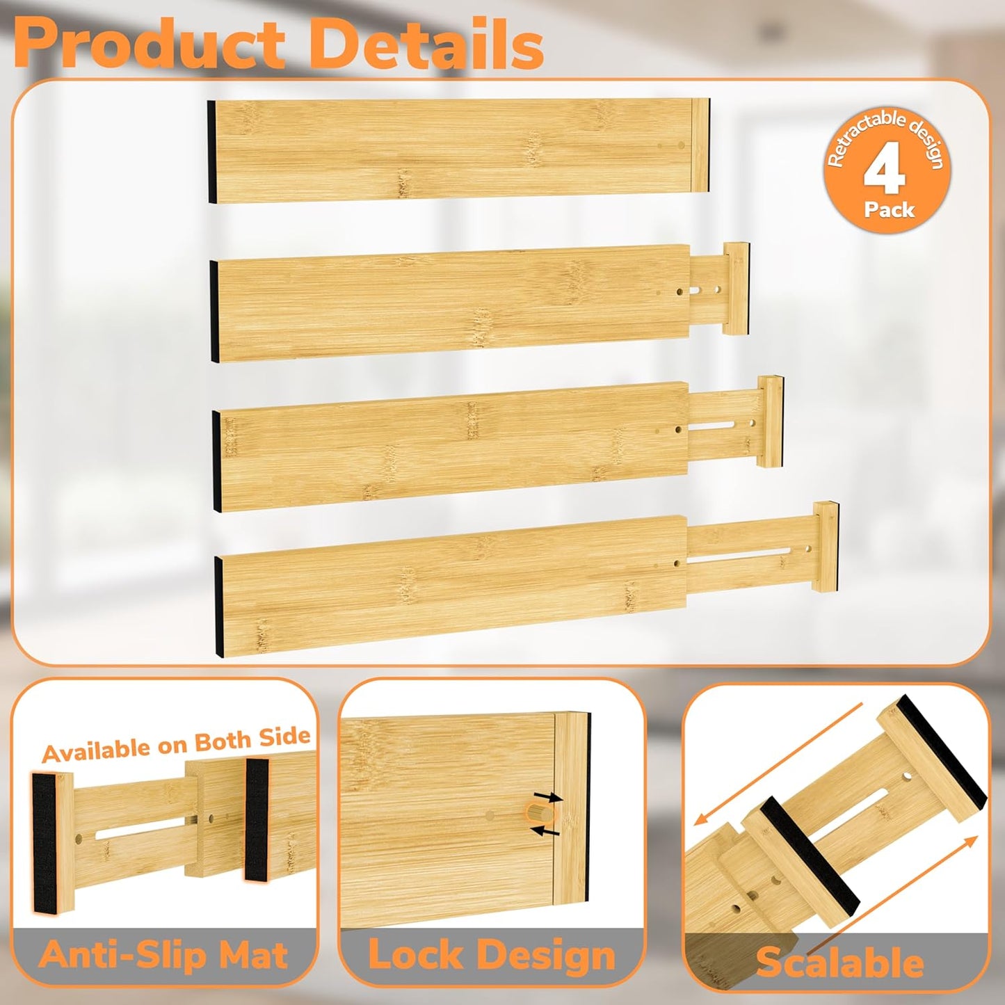 BAMEOS 3" H Large Bamboo Drawer Dividers Adjustable Drawer Organization Expandable Utensil Organizers for Kitchen Dresser Bathroom Bedroom and Office 4-pack