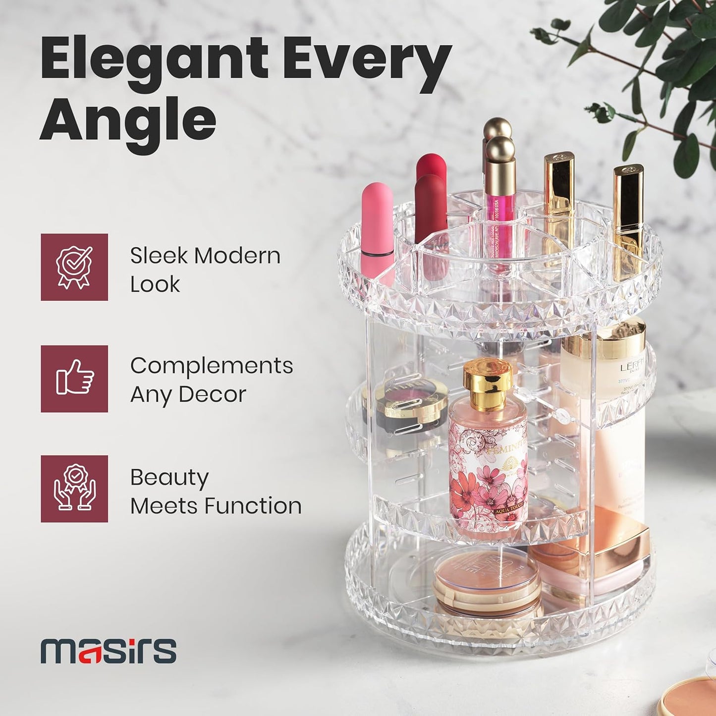 360 Rotating Makeup Organizer Diamond Design - Adjustable Shelf Height and Fully Rotatable - The Perfect Round Spinning Cosmetic Organizer for Bedroom Dresser or Vanity Countertop Storage (Clear)