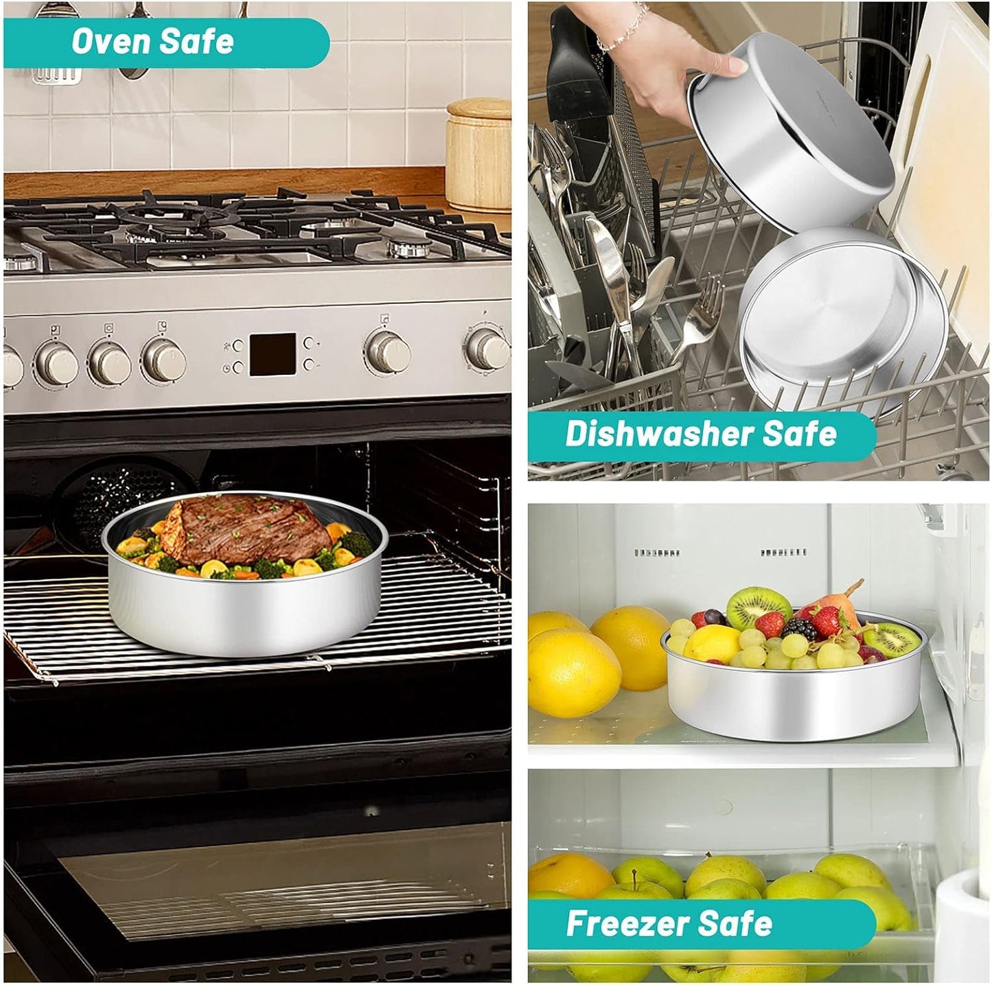 TeamFar Round Cake Pans, 9½’’x3’’ Stainless Steel Deep Tier Baking Cake Pan for Wedding Birthday Party, Non-Toxic & Heavy Duty, Straight & Deep Wall, Mirror Finish & Dishwasher Safe - Set of 2