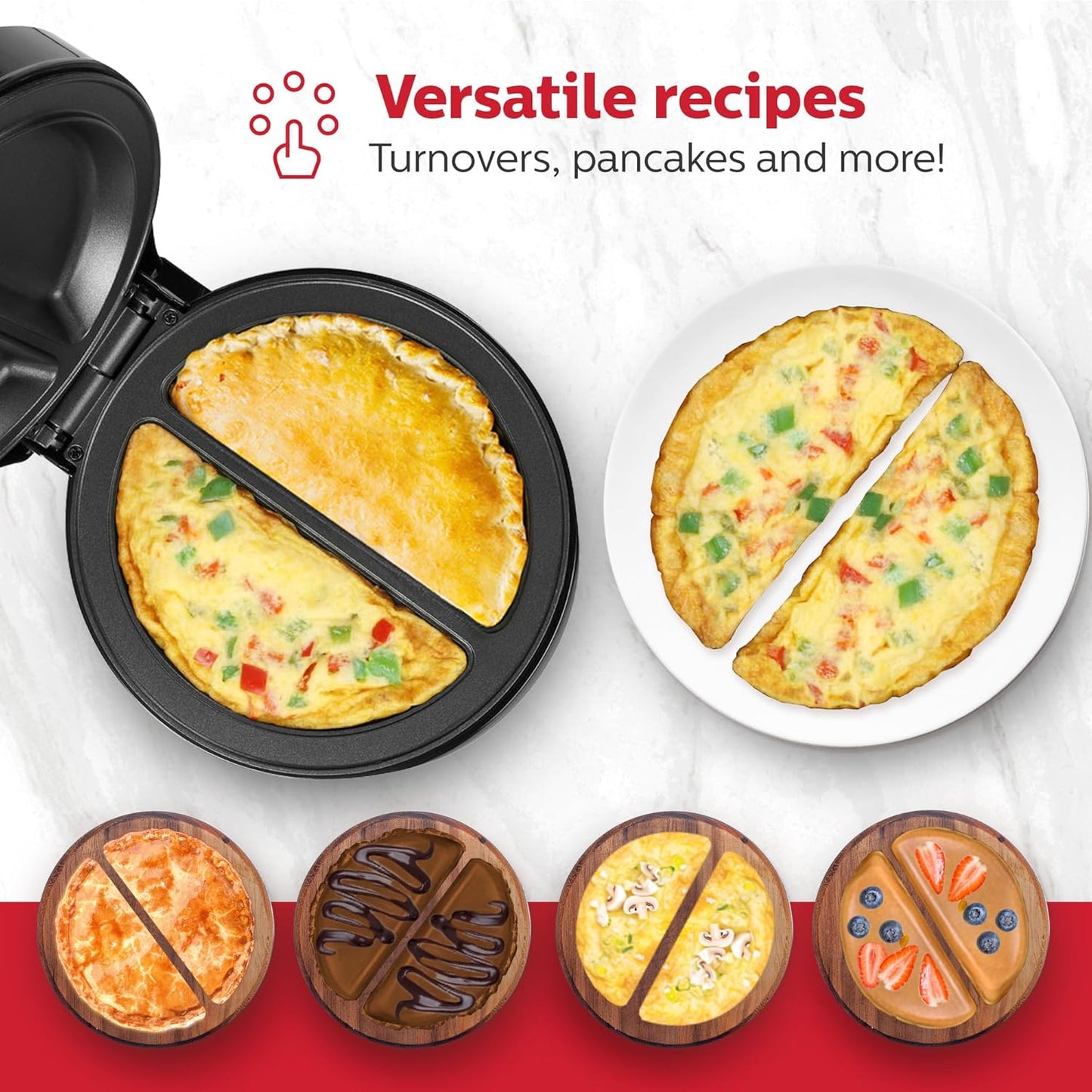 Holstein Housewares Stainless Steel 2 Section Omelet & Frittata Maker, Non Stick Coating, Easy To Clean, Indicator Lights, Compact Storage, Prepare Versatile Recipes in Minutes. 2 Portions, Black