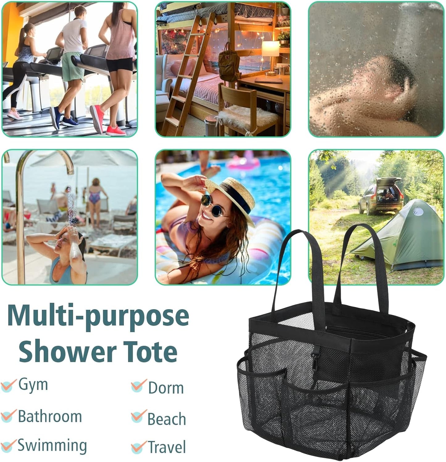 F-color Mesh Shower Caddy Portable, 8.3" Deeper Pockets Large Shower Caddy Bathroom Caddy for College Dorm Room Bathroom Essentials, 2 Handles Shower Bag Tote for Gym Rv, Camp with S Hook, Black