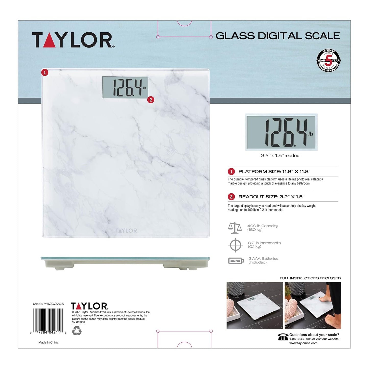 Taylor Digital Glass Marble Bathroom Scale, Scale for Body Weight, Highly Accurate Digital Bathroom Weighing Machine, Battery Powered, FSA HSA Eligible, Measures Weight up to 400 lb Capacity, White