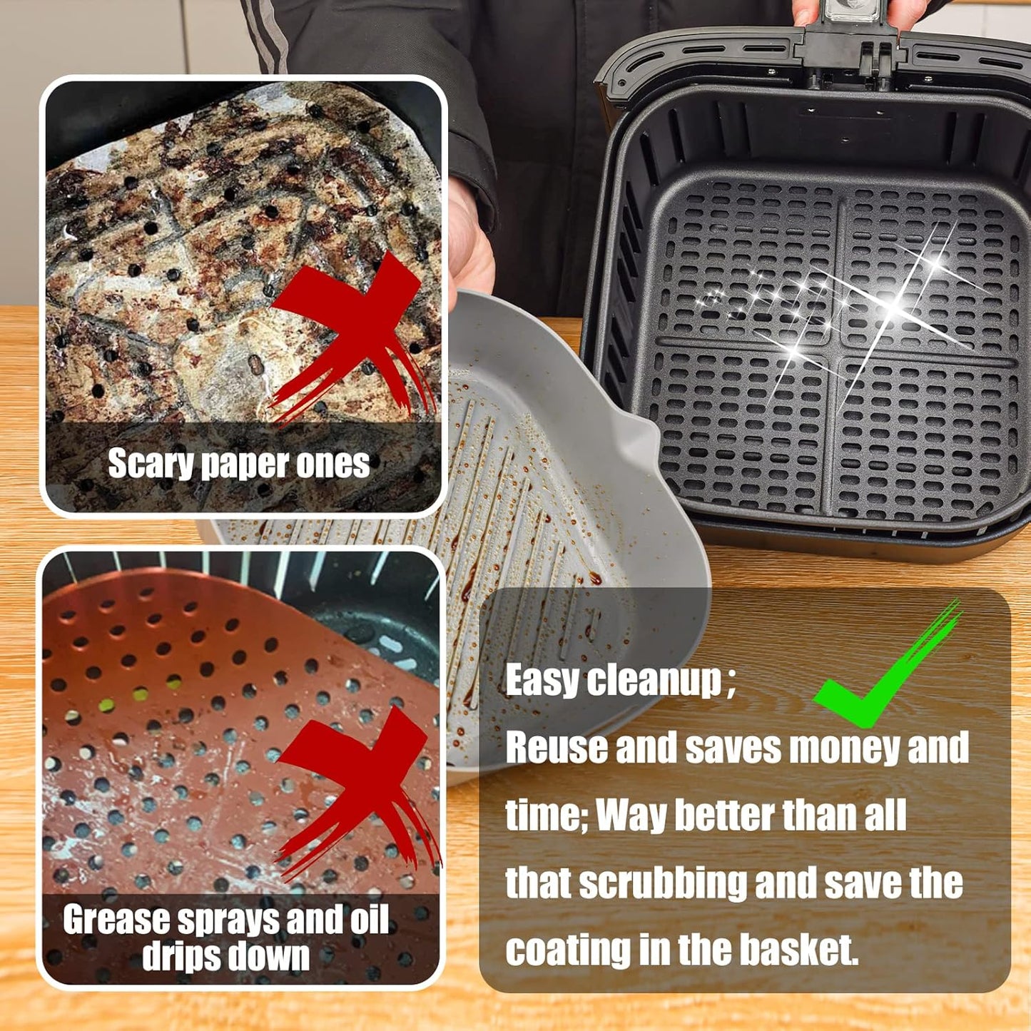 Silicone Liners Square for Air Fryer, 2 Pcs Non-stick Food-grade Reusable Basket Silicone Pot Baking Tray Airfryer Accessories, Top Size 7 inches, Bottom Size 6.3 inches