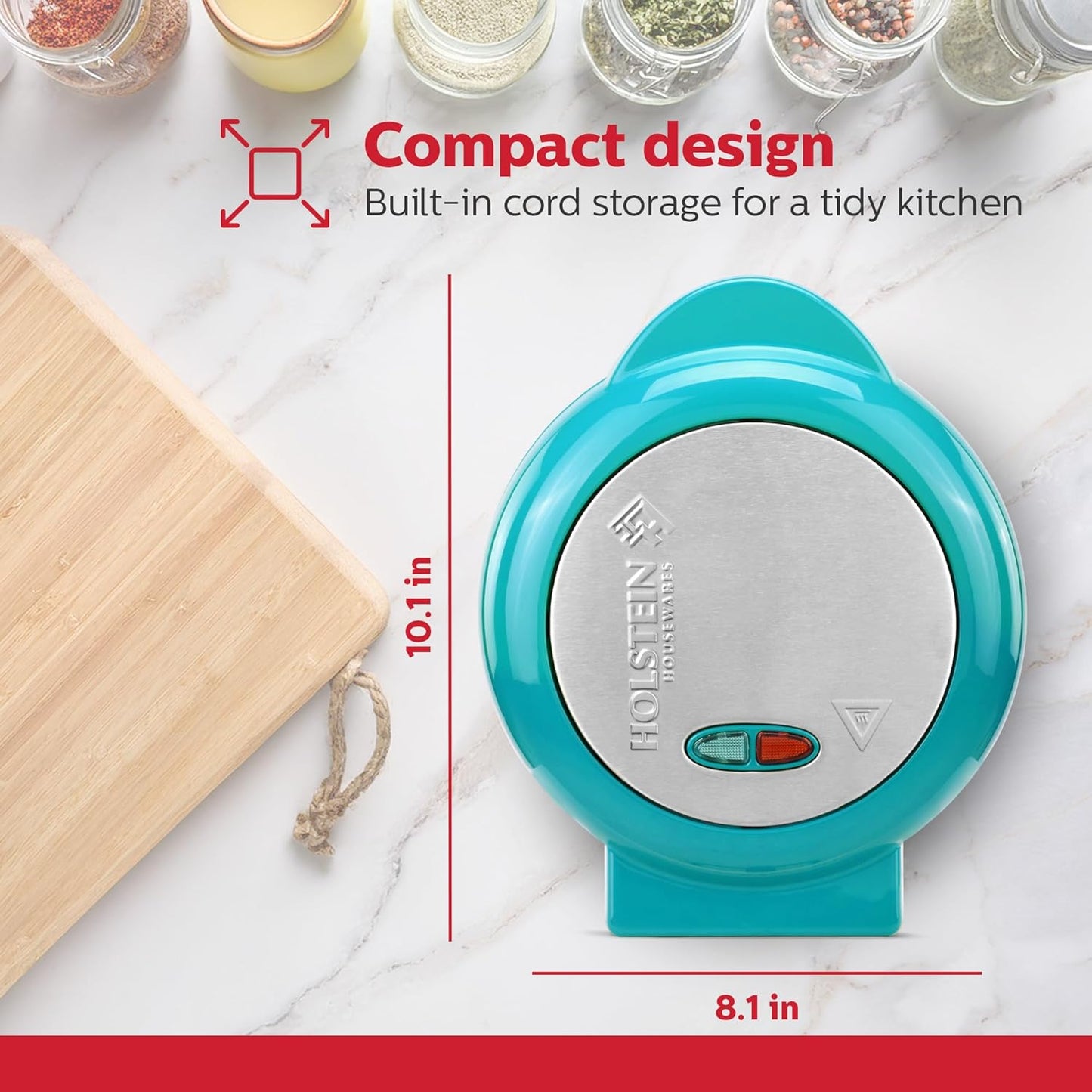 Holstein Housewares Stainless Steel 2 Section Omelet & Frittata Maker, Non Stick Coating, Easy To Clean, Indicator Lights, Compact Storage, Prepare Versatile Recipes in Minutes. 2 Portions, Teal