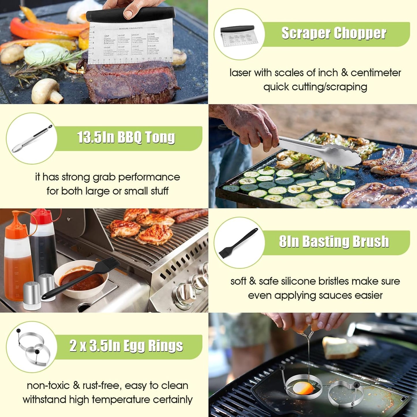 HaSteeL 16PCS Griddle Accessories Set, Stainless Steel Flat Top Grilling Tools Kit with Enlarge Spatula Scraper Basting Cover Burger Press for Outdoor Barbecue Teppanyaki Cooking, ABS Handle